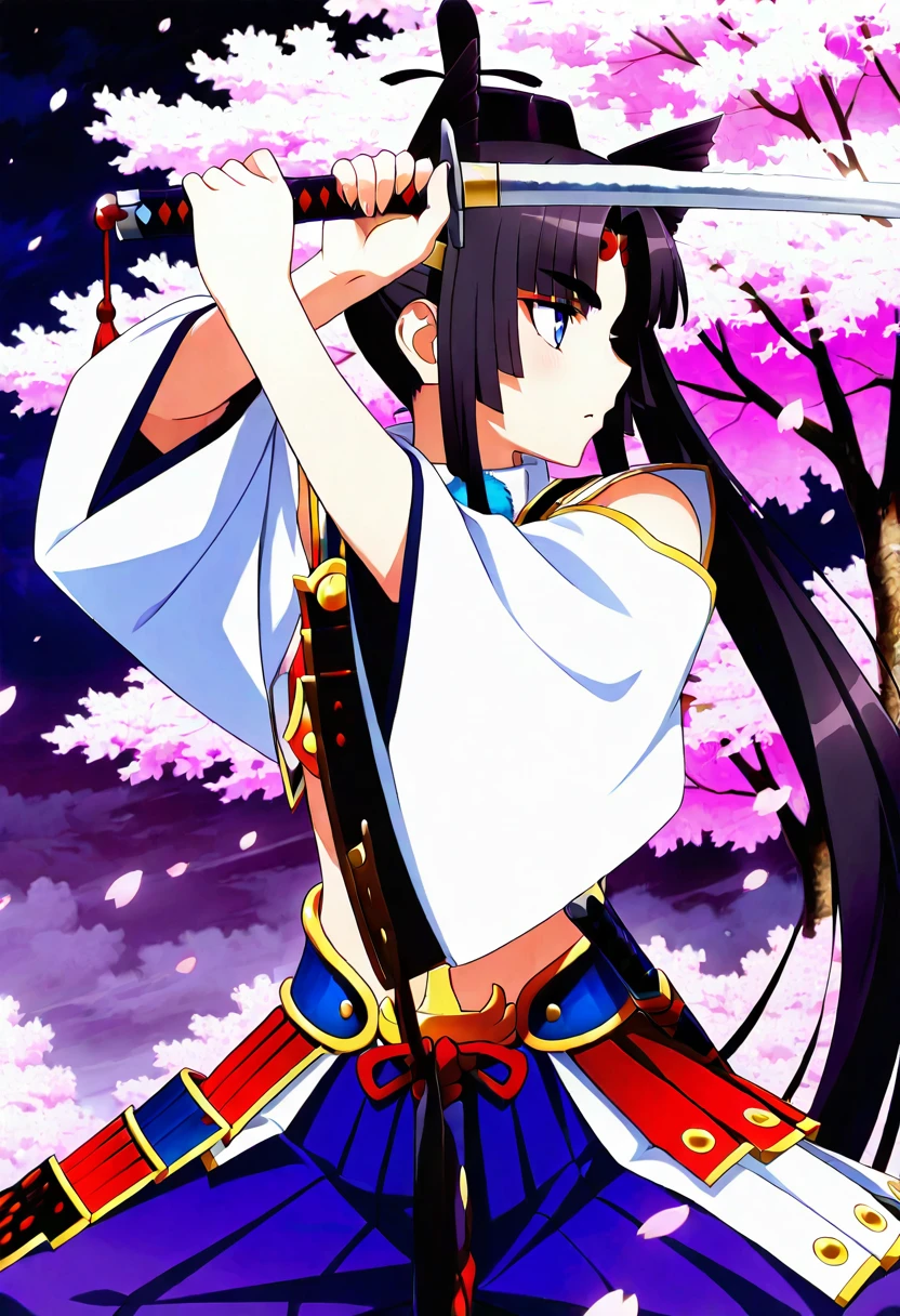masterpiece, best quality, absurdres, detailed skin, detailed face, detailed eyes, anime colored, anime screencap, anime colored,
1 girl, ushiwakamaru \(fate\),
<lora:kasumi_no_kamae-000008:1>, ((kasumi fighting stance)), holding sword, holding, sword, two-handed, profile,
cherry blossoms,