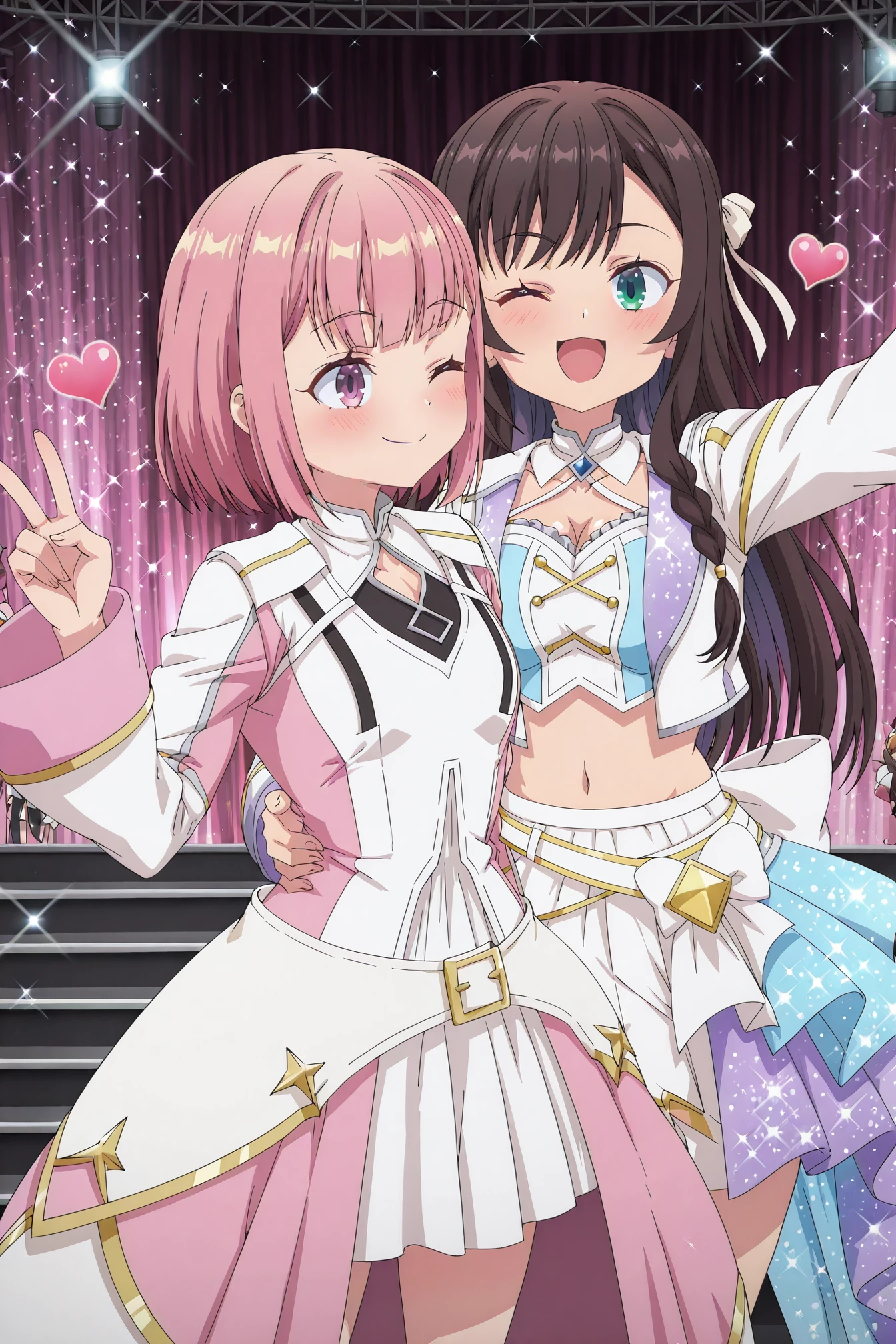 detailed background, shiny skin, posing,
heart, bloom, glitter, sparkle,
<lora:guilmas.il:1>,
guilmas,
2girls,
alina, lululee,
clothed girl,
idol stage, peace, yuri, arm around each other, one eye closed,