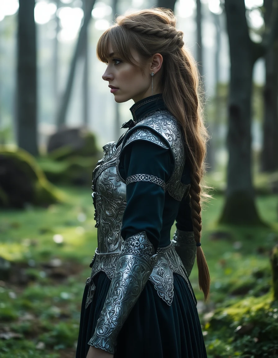 photography, detailed, fantasy background, showing a forest, Forground: A woman, 40 years old, (wrinkles:0.75), wearing filigree mage armor outfit depicting a silver eagle, european, long hair with front bangs, side bangs, and a long braided ponytail