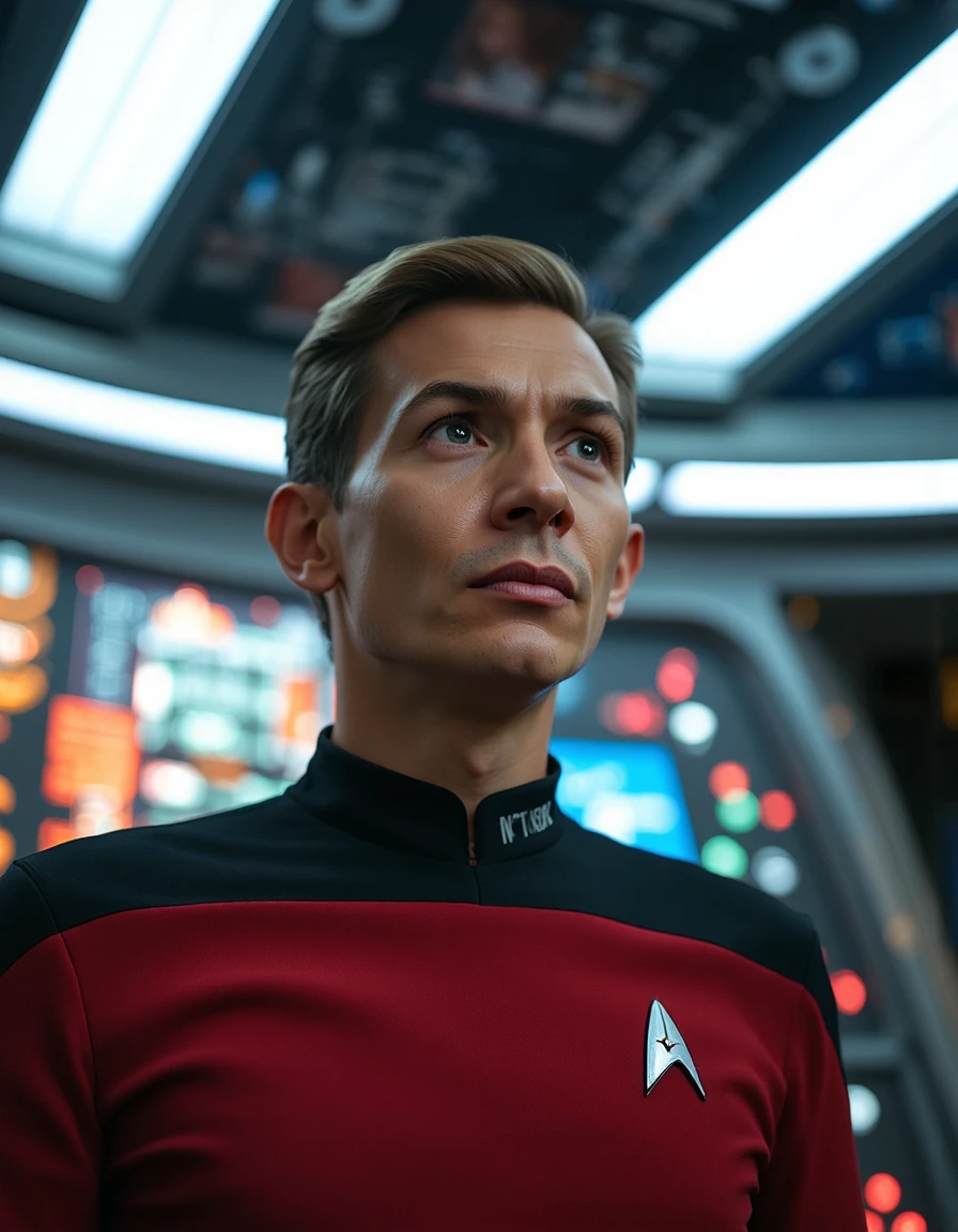 space ship interior, bridge, star trek, a man wearing a red star trek tng uniform look concerned