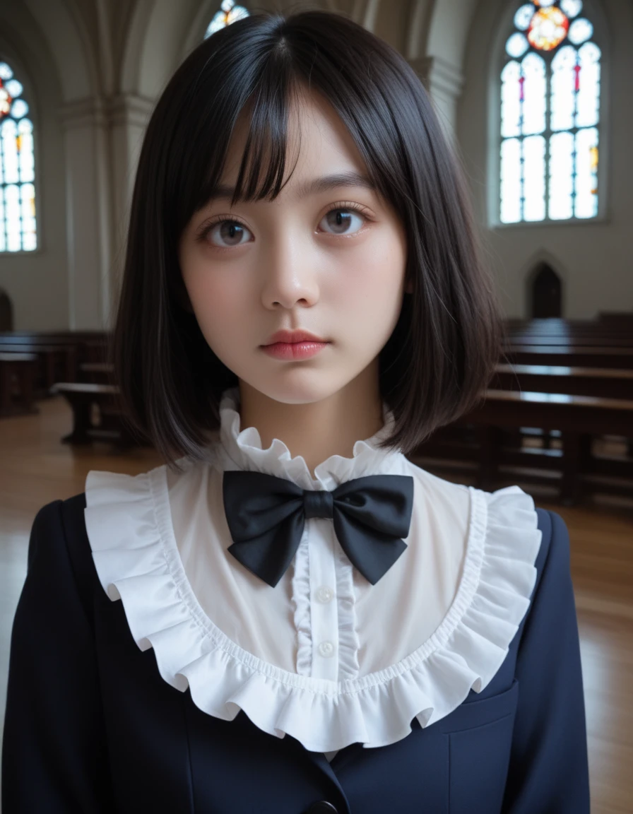 score_9, score_8_up, high quality, masterpiece,
[:natural skin, detailed skin, (skindentation:0.3):0.5], natural skin, skin pore,  pale skin,
Above the knees, angle from below, Perfect human body,
BREAK
Portrait of a woman, black hair, big round eyes, puffy face,
She is wearing a blazer  with bowtie, (ruffled shirt:1.3),
Glass room with a view of the church outside,
<lora:hardmilk:0.7>