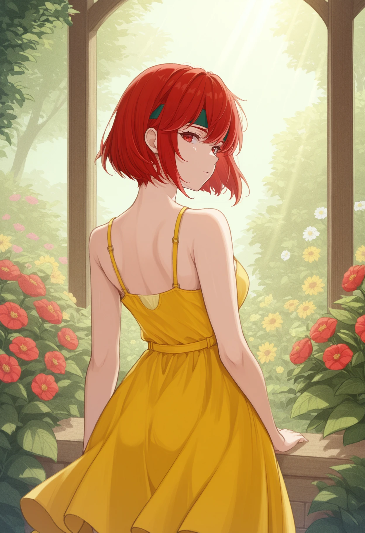 masterpiece, best quality, 1girl, solo, <lora:NSMinervaFESD:1> NSMinervaMisc, red eyes, red hair, short hair, green headband, yellow sundress, from behind, looking back, garden, sun rays, flowers