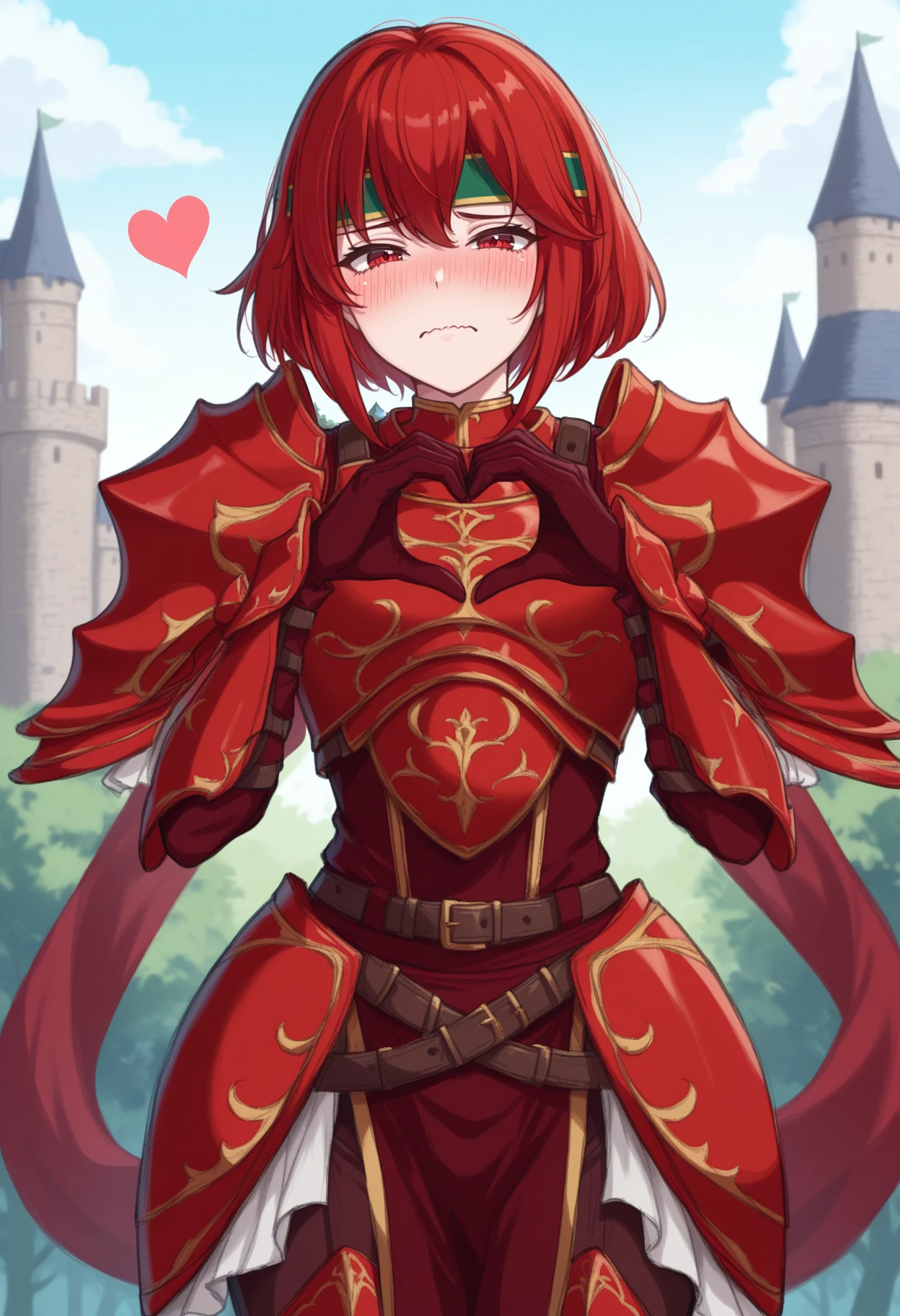 masterpiece, best quality, 1girl, solo, <lora:NSMinervaFESD:1> NSMinervaBase, red eyes, red hair, short hair, green headband, red armor, breastplate, gold trim, shoulder armor, multiple belts, scarf, brown pants, hip armor, armored boots, gloves, pelvic curtain, looking at the viewer, frown, heavy blush, heart-hands, outdoors, castle, shy, frown, wavy mouth