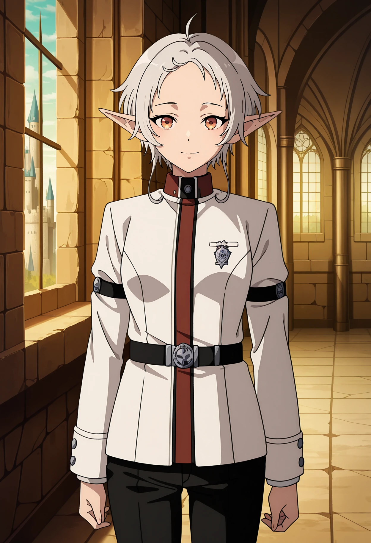 anime screencap, masterpiece, best quality,
<lora:MushokuTensei_Sylphy_IlluXL:0.9>,
1girl, closed mouth, light smile,
grey hair, short hair, forehead, ahoge, orange eyes, pointy ears,
SylphietteSchool, white jacket, long sleeves, arm belt, black belt, black pants,
standing, looking at viewer,
indoors, fantasy, castle, window