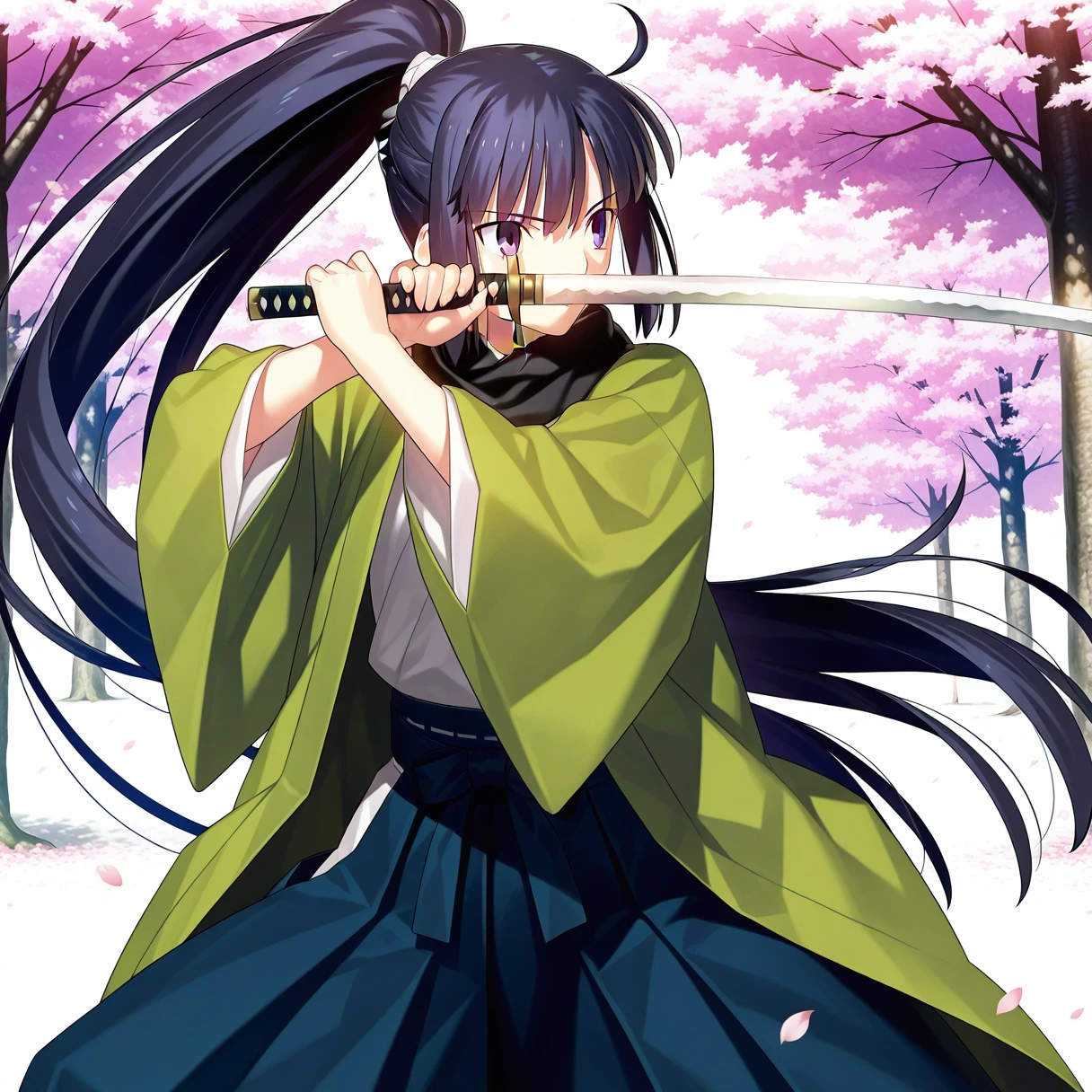 masterpiece, best quality, absurdres, detailed skin, detailed face, detailed eyes, anime colored, anime screencap, anime colored,
1girl, takeuchi takashi, sidelocks, very long ponytail,
green haori, black scarf, cowboy shot, hakama skirt,
<lora:kasumi_no_kamae-000008:1>, ((kasumi fighting stance)), holding sword, holding, sword, two-handed,
cherry blossoms,