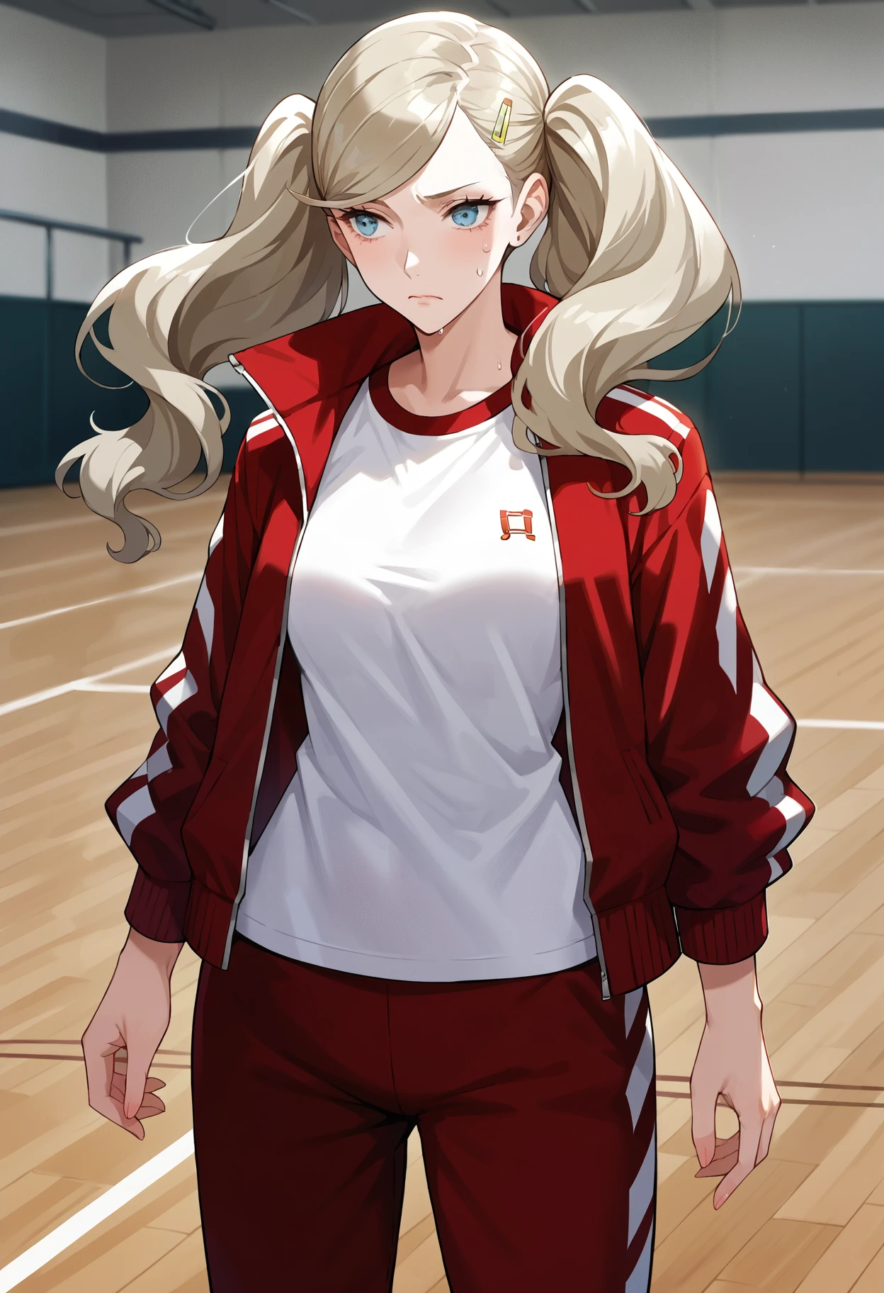 score_9, score_8_up, score_7_up, score_6_up, score_5_up, score_4_up, source_anime
1 girl, solo,
p5ann, takamaki anne, blonde hair, long hair, twintails, swept bangs, hair clip,
p5ann-track, track suit, track jacket, red jacket, open jacket, white tshirt, sleeves rolled up, track pants, red pants, pants rolled up,
inside, gymnasium, volleyball court, standing, tired, sweaty,
masterpiece, best quality, ultra detailed,