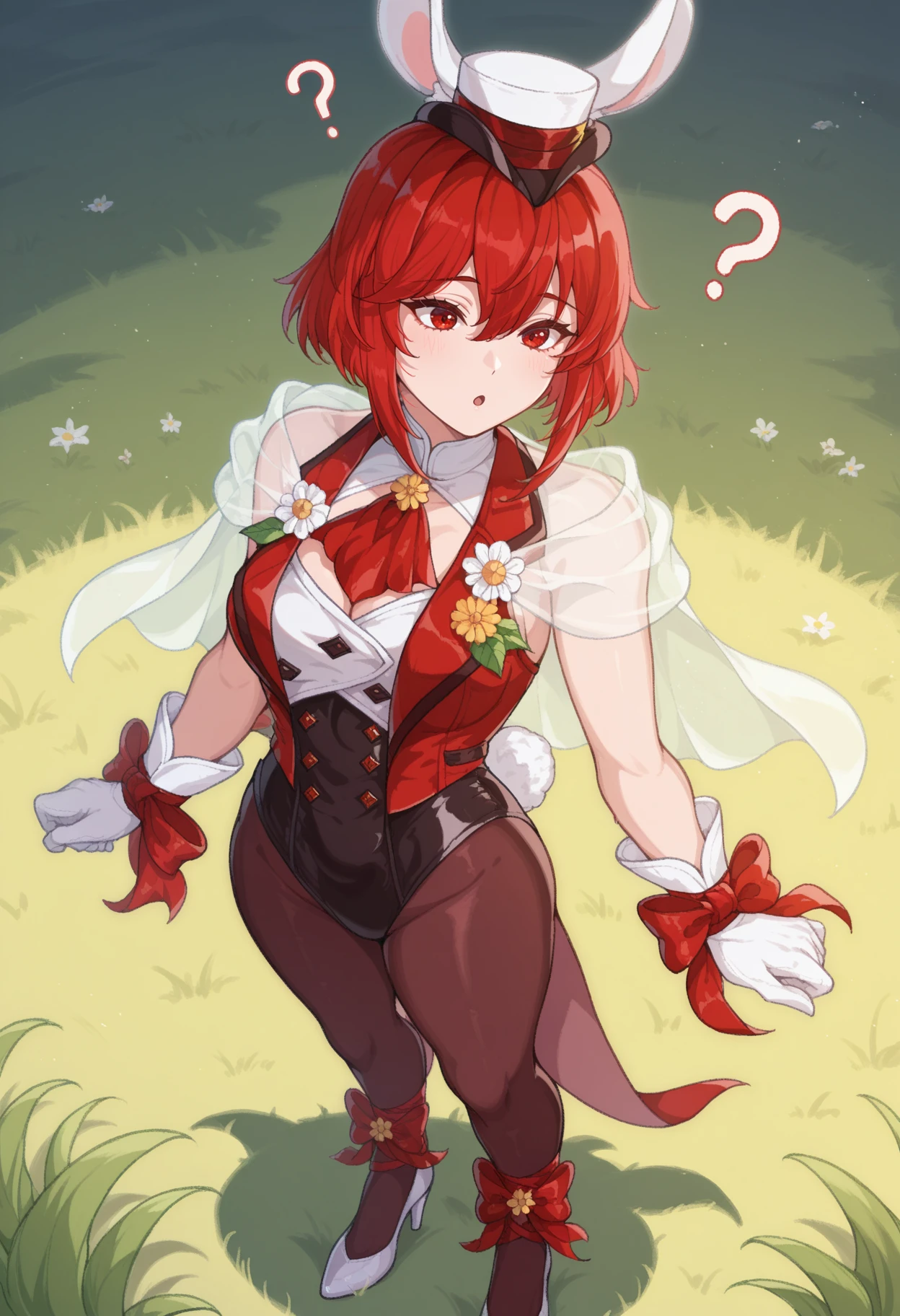 masterpiece, best quality, 1girl, solo, <lora:NSMinervaFESD:1> NSMinervaBun, red eyes, red hair, short hair, hair between eyes, mini hat, hat with ears, fake rabbit ears, red ascot, red vest, white vest, white capelet, see-through capelet, playboy bunny, black leotard, dark red pantyhose, footwear ribbon, white gloves, glove ribbon, white footwear, high heels, shrug, confused, :o, question mark, outdoors, grass field, standing, full body
