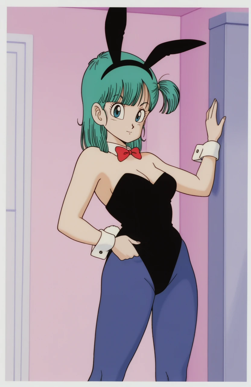 masterpiece, best quality, 1girl, solo, anime coloring, white border, indoors,
<lora:DragonBall:0.9> drgnbll, retro artstyle, 1980s \(style\),
bulma, blue eyes, aqua hair, strapless leotard, black leotard, playboy bunny, detached collar, detached cuffs, blue pantyhose, black ears, fake animal ears, rabbit ears, rabbit tail, side ponytail, blunt bangs, blunt ends,
leaning against wall, one hand on wall, one hand in pocket, looking at viewer, eye visible, detailed hands, casual pose, medium shot, confident expression,