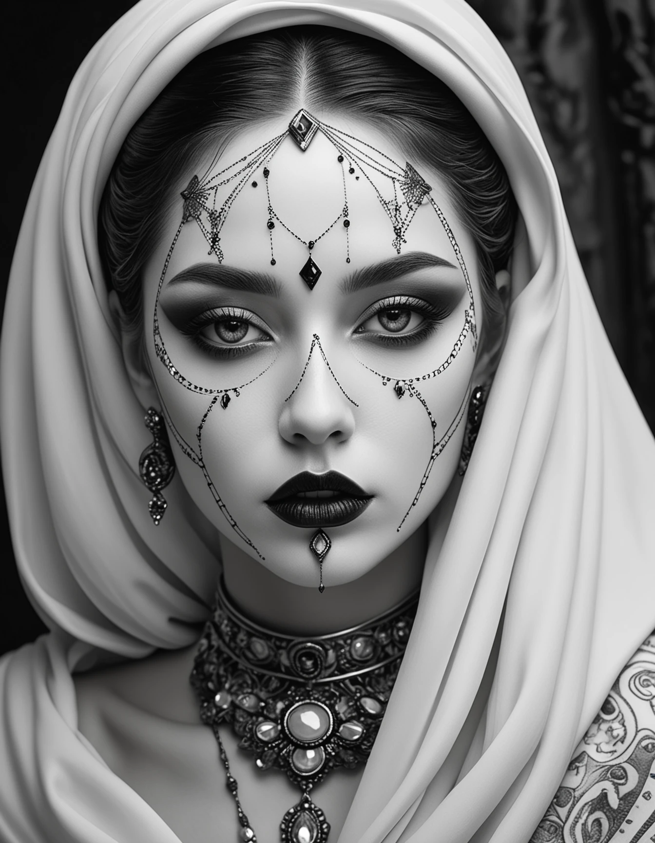 Luxurious Elegance, luxury product style, surrealist dystopian art. Close-up of a porcelain doll's face made of matte white porcelain and rough white marble. Black lips, red eyes, golden ritual drawings and tattoos on her face, adorned with intricate jewelry. A white silk handkerchief drapes her head. Bleak, post-apocalyptic, somber, and dramatic atmosphere. Highly detailed, dreamlike, mysterious, and provocative. Black and white graphite pencil sketch, symbolic and intricate. Elegant, sophisticated, high-end, and luxurious. Dramatic lighting, sharp focus, illuminated background. Divine, scenic, and artistic. Balanced tones, futuristic, stunning, and magical. Delicate, creative, and unique. Flowing, shiny, and ornate. Best quality, ultra-detailed, photorealistic, and opulent.
