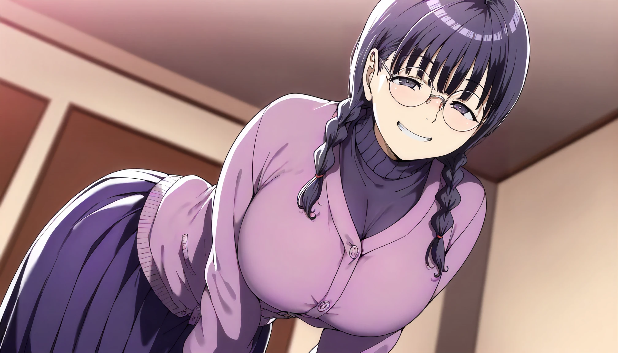 <lora:OTtnSwSnKI_miyoshiXLIllustrious001>,
masterpiece,best quality,good quality,newest,
indoors,
grin,
looking at viewer,
solo,
anime coloring,
miyoshi\(otaku_tomodachi_to_no_sex_wa_saikou_ni_kimochi_Ii\),1girl,purple black hair,twin braids,purple black eyes,round eyewear,
large breasts,
cardigan,turtleneck,
long_skirt,