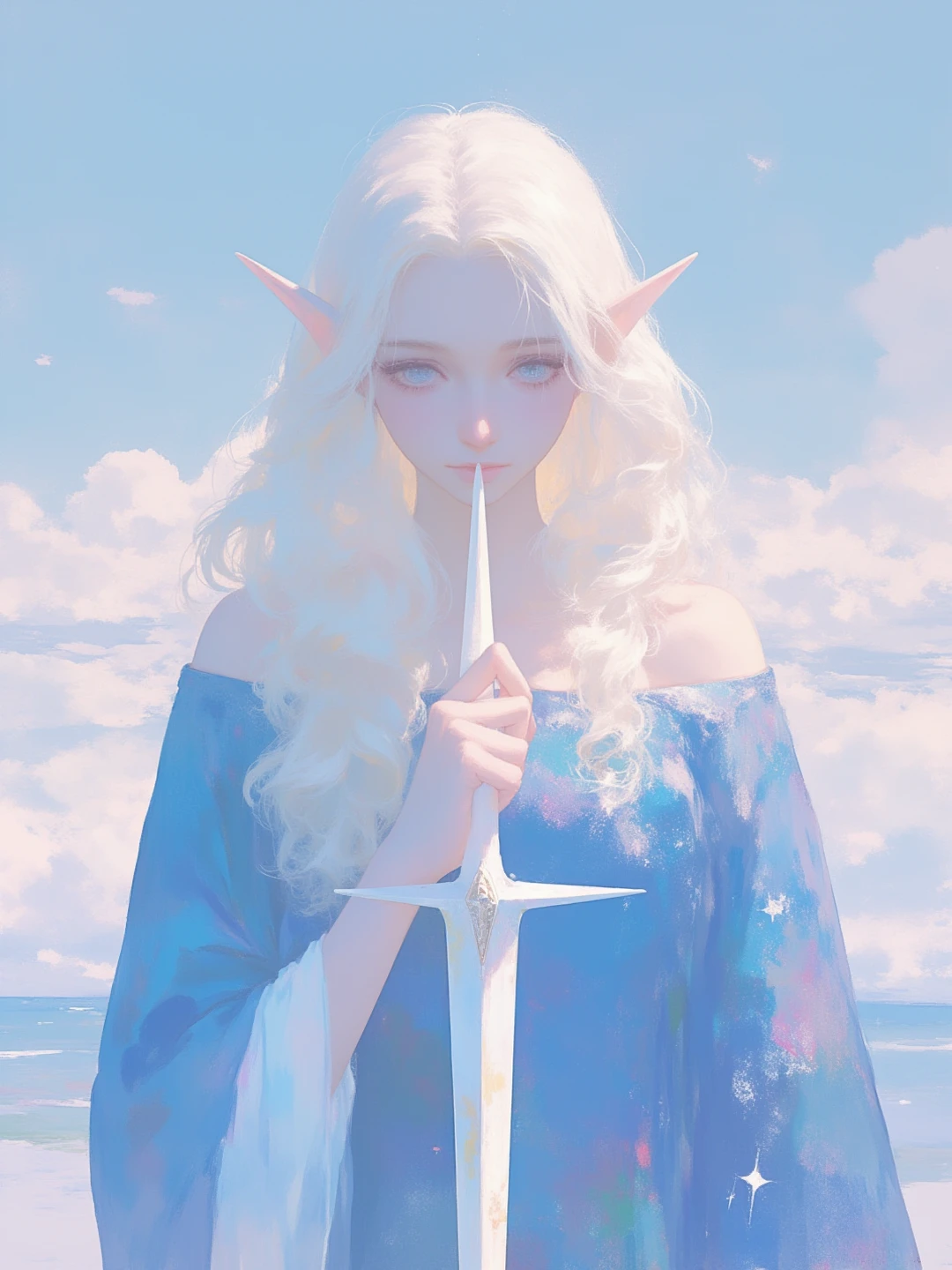 xijie-blue,long hair, blue dress, sword, pov eye contact, hand up, dress, cloudy sky, bangs, blonde_hair, closed fist, off_shoulder, blue eyes, 1girl, sky, female solo, pointy ears, original character, upper body, holding, cloud, sfw, drawn by nanashiro (nannacy), white hair, weapon,xijie-blue