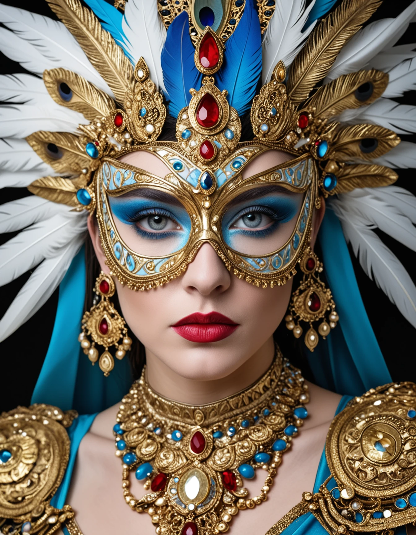 A photo-realistic portrait shoot from a close-up camera angle about a woman wearing ornate golden mask with blue eyes and elaborate jewelry, adorned with feathers. the image also shows intricate details and vibrant colors, with a dark background. on the middle of the image, a woman appears to be in her late 20s, with light blue hair styled in long hair, wearing a white veil and elaborate gold jewelry, including a gold mask adorned with jewels, earrings, and a necklace. she has a serious expression and is facing the viewer with her blue eyes looking directly at the viewer. her face is covered by the mask, which is intricately designed with gold and red accents, and she is wearing red lips. her hair is styled in a way that accentuates her features, and her eyes are a striking blue color. the woman is standing in the center of the frame, with the background blurred to emphasize her face and the intricate details of her jewelry and mask.