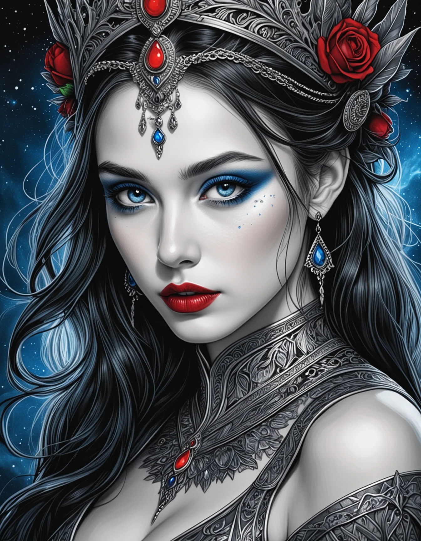 Fantasy art, black and white drawing, close-up of a girl's face, highly detailed, intricate linework, dramatic contrast, bold red lipstick, vibrant blue eyeshadow, ethereal atmosphere, dark magical vibe, elegant and mysterious, sharp features, high contrast shading, fantasy aesthetic, cinematic lighting, ultra-realistic details, inspired by fantasy illustrations.