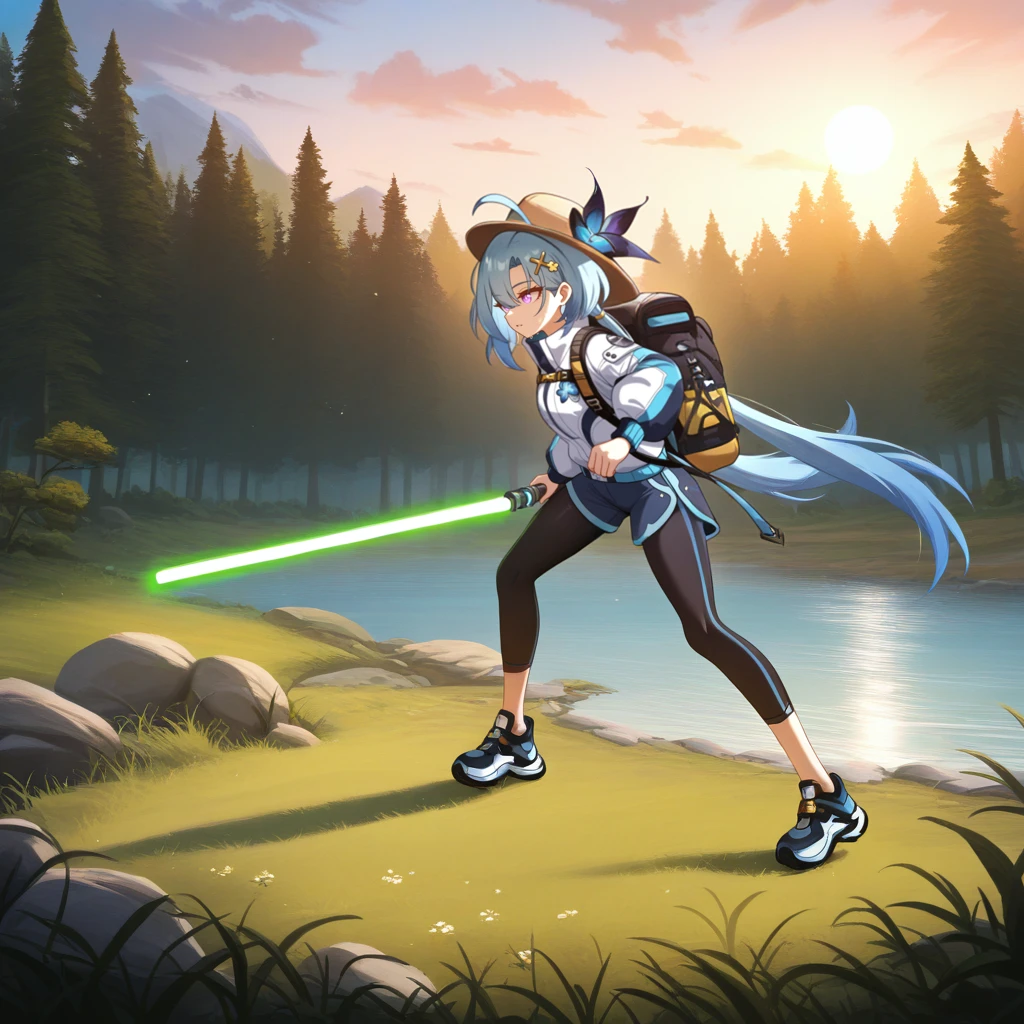 masterpiece, best quality, ultra-detailed, very aesthetic, detailed background, year 2023, very aesthetic, newest, scenery, highres, 4k, absurdres, 8k, colorful,vibrant, glowing, perfect face, 2d, perfect eyes, detailed eyes, 1girl, solo, trees, forest, river, river bank, pebbles, rocks, bushes, flowers, detailed background, day, sun, sky, clouds, standing, sweaty, fighting stance, swinging lightsaber, green lightsaber, looking ahead, from side, full body, blue sneakers, full body, foreshortening, parted lips, focused, outdoors,
blue hair, purple eyes, ahoge, slender legs, thin legs, GrisHi3, Fol003, Grs_Stg, hiking outfit, belt, backpack, brown headwear, hat, hat flower, yellow hairclip, closed jacket, sports jacket, white jacket, short shorts, black leggings, low twintails, high collar, light blue trim, ribbed cuffs, blue shorts, alternate white sleeves, puffy long sleeves, chest strap, very aesthetic, newest, scenery, absurdres, perfect anatomy, perfect legs, perfect face, perfect eyes, clear eyes, beautiful eyes,