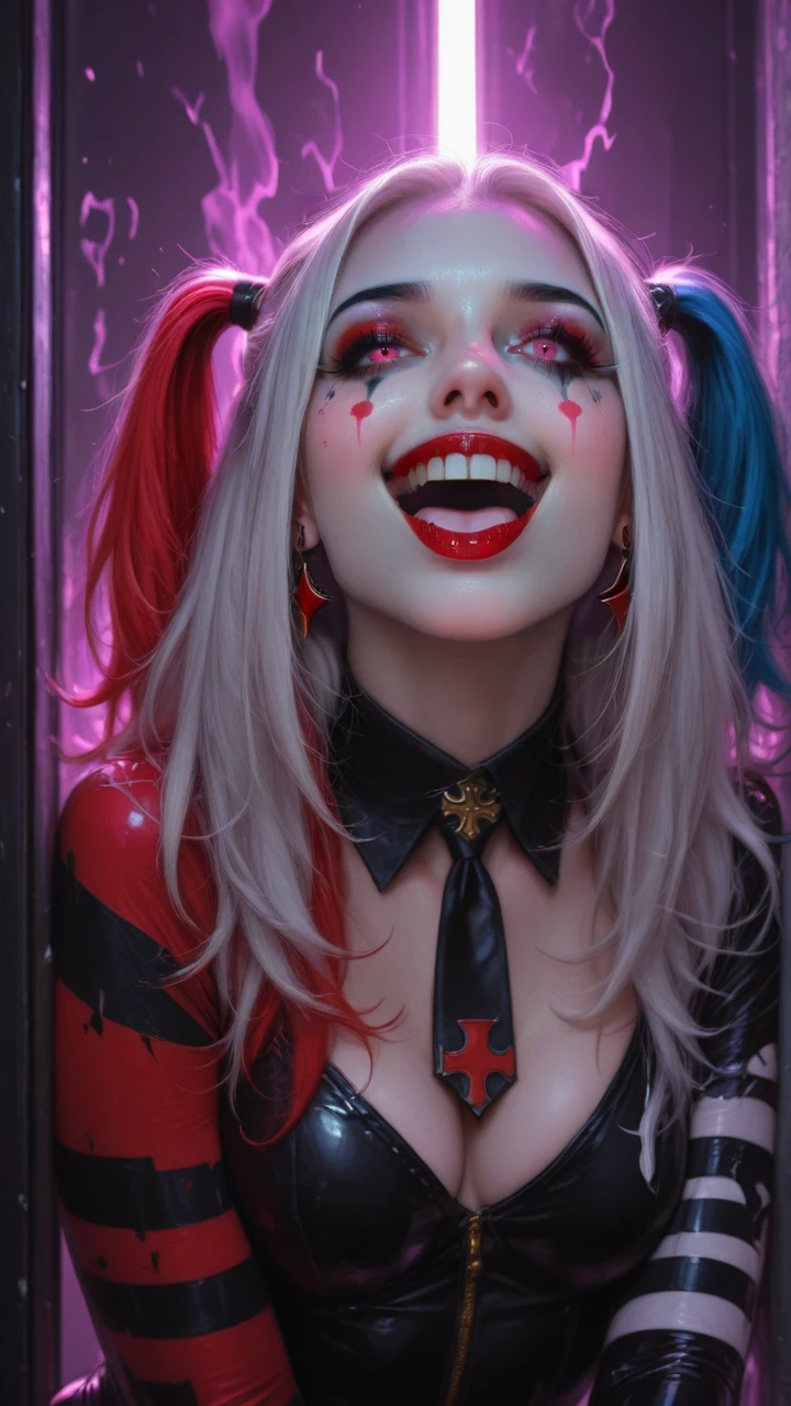 artgerm,DC Character Harley Quinn laughing maniacally surrounded by laughing gas and fog