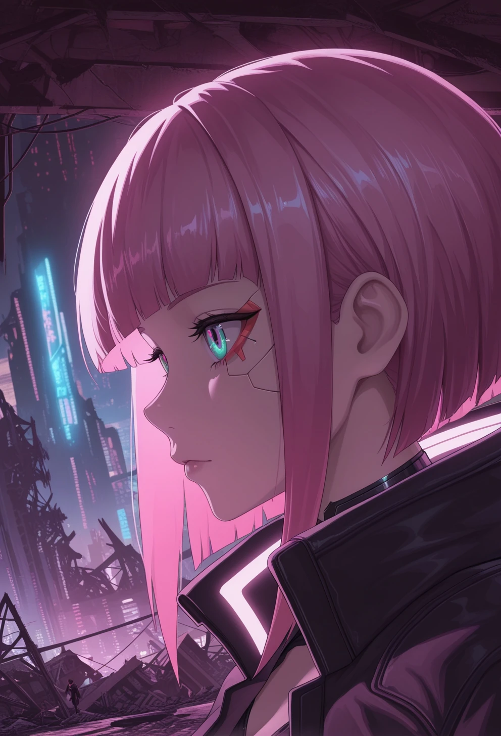 <lora:ck-Sommo-Concept-Art-IL-000012:1>, masterpiece, best quality, good quality, very aesthetic, absurdres, newest, 8K, depth of field, focused subject, portrait, a cyberpunk girl with pink hair, city, ruins, dynamic angle,
in the style of ckjs