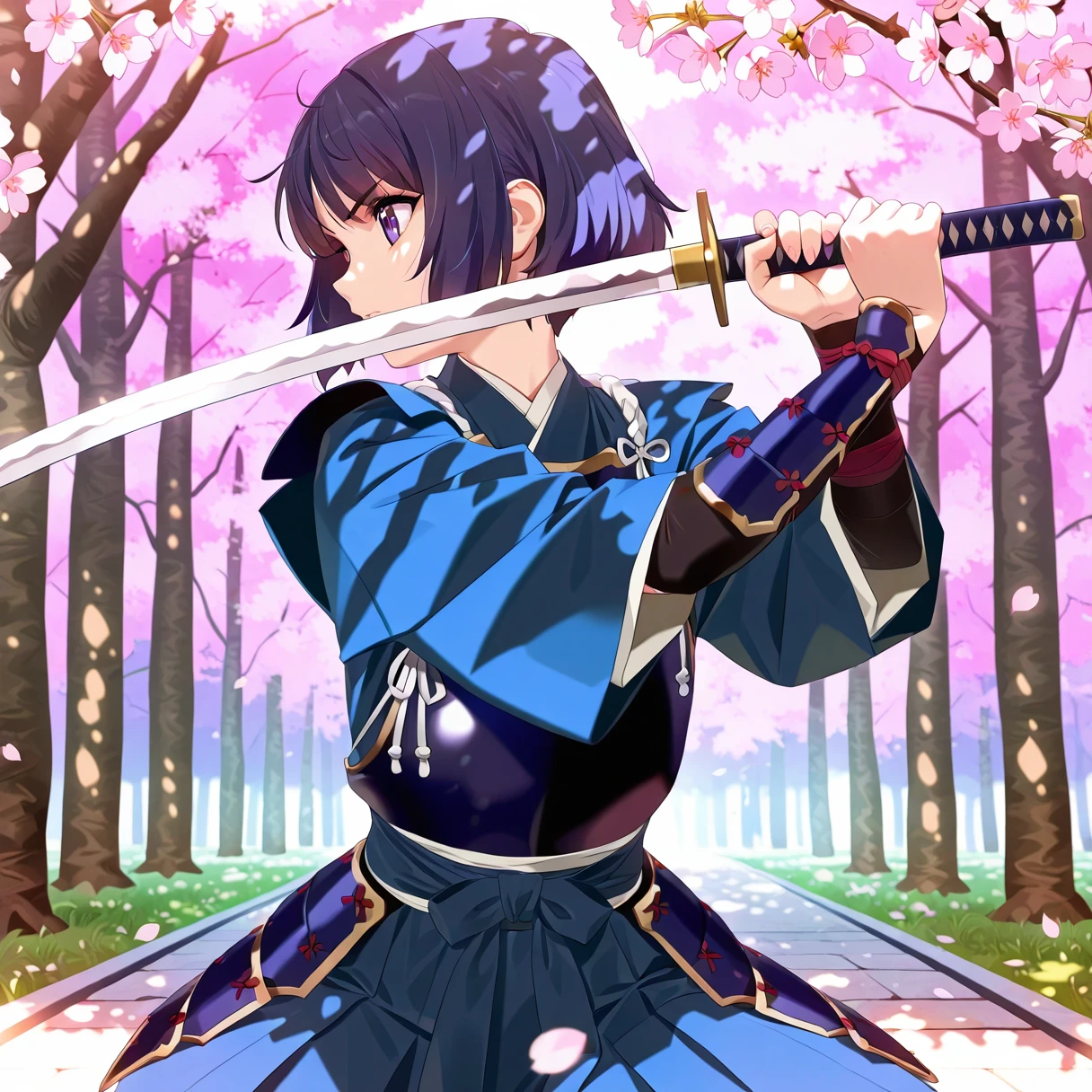 masterpiece, best quality, absurdres, detailed skin, detailed face, detailed eyes, anime colored, anime screencap, anime colored,
1girl, yd \(orange maru\), short hair, japanese armor,
<lora:kasumi_no_kamae-000008:1>, ((kasumi fighting stance)), holding sword, holding, sword, two-handed, profile,
cherry blossoms,
