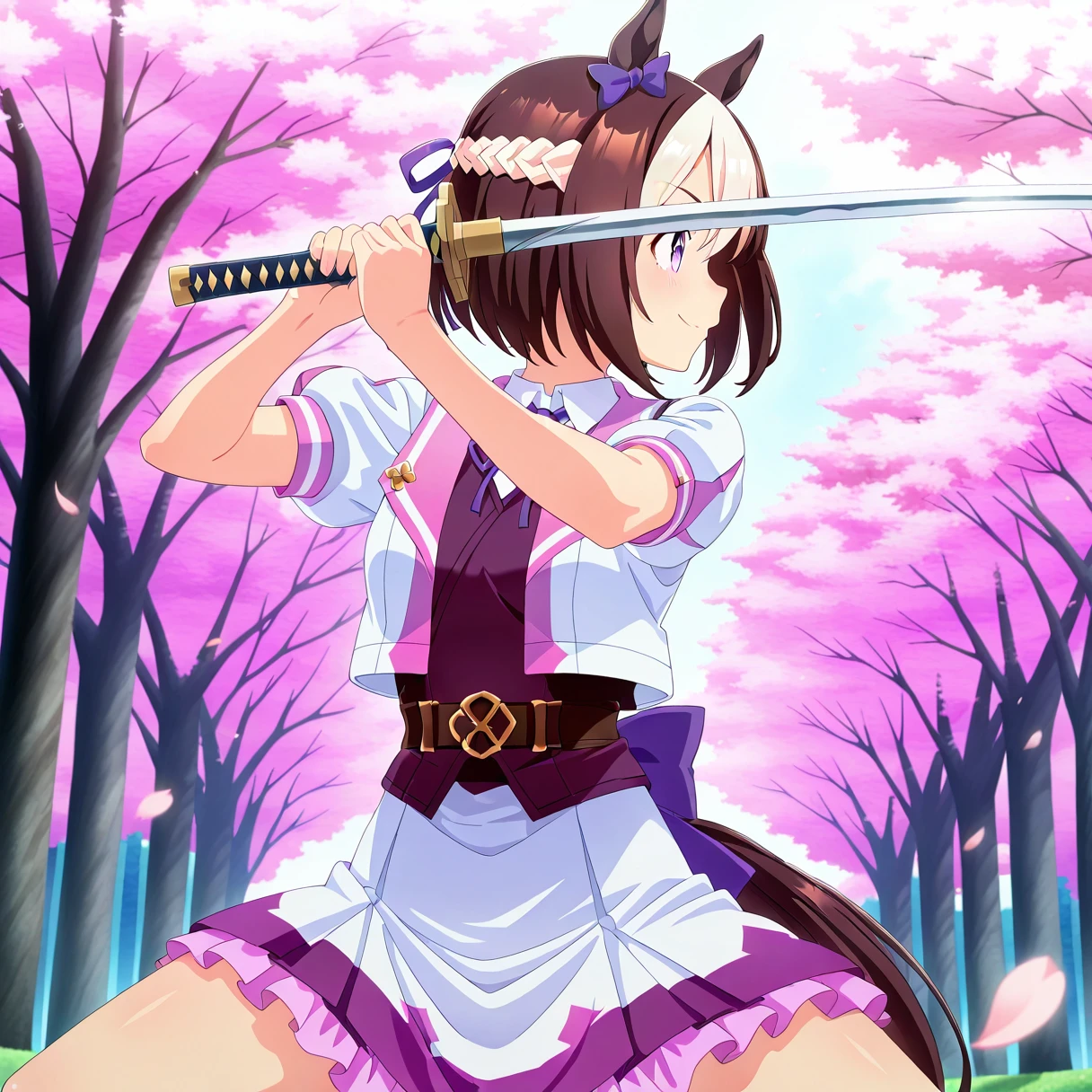 masterpiece, best quality, absurdres, detailed skin, detailed face, detailed eyes, anime colored, anime screencap, anime colored,
1 girl, special week \(umamusume\), confident, smile,
<lora:kasumi_no_kamae-000008:1>, ((kasumi fighting stance)), holding sword, holding, sword, two-handed, profile,
cherry blossoms,