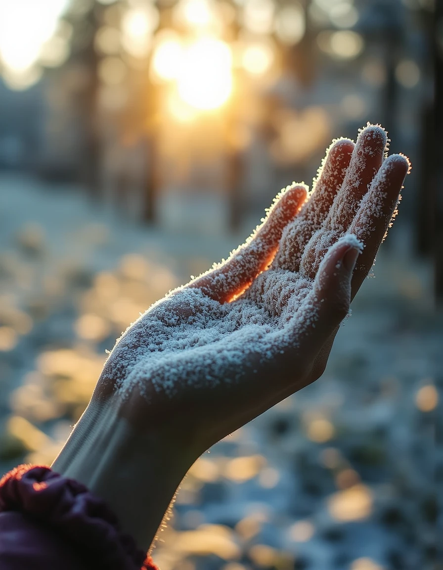 The frost covered sun, in her raised hand, was shining with utter darkness.