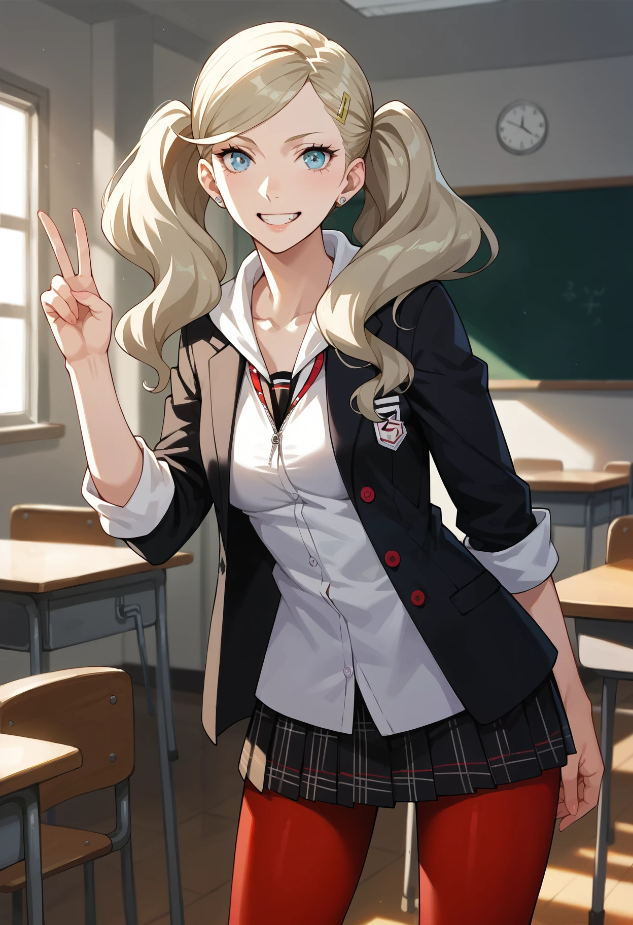 score_9, score_8_up, score_7_up, score_6_up, score_5_up, score_4_up, source_anime
1 girl, solo,
p5ann, takamaki anne, blonde hair, long hair, twintails, swept bangs, hair clip,
p5ann-winuni, blazer, layered clothes, jacket, open jacket, hood, pantyhose, red pantyhose, miniskirt, hoodie, hood, hood down, shuujin academy school uniform, sleeves rolled up
classroom, standing, smile, teeth, v, looking at viewer,
masterpiece, best quality, ultra detailed,