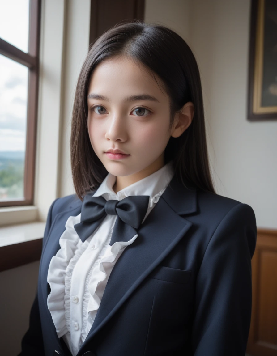 score_9, score_8_up, high quality, masterpiece,
[:natural skin, detailed skin, (skindentation:0.3):0.5], natural skin, skin pore,  pale skin,
Above the knees, angle from below, Perfect human body,
BREAK
Portrait of a giel, black hair, puffy face,
She is wearing a blazer  with bowtie, (ruffled shirt:1.3),
see clouds outside the room with the window,
<lora:hardmilk:0.7>