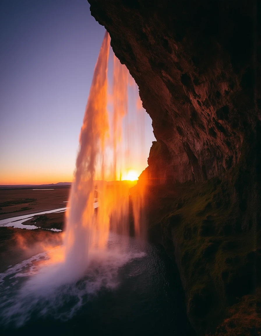 Sunset over a high waterfall in the desert