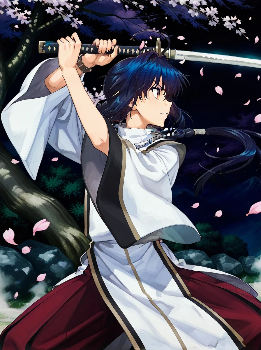 masterpiece, best quality, absurdres, detailed skin, detailed face, detailed eyes, anime colored, anime screencap, anime colored,
<lora:Yamato_Takeru:0.8>, yamato takeru, 1 boy, solo, profile,
necklace, jewelry, wide sleeves, cowboy shot,
<lora:kasumi_no_kamae-000008:1>, kasumi fighting stance, holding sword, sword, holding,
cherry blossoms,