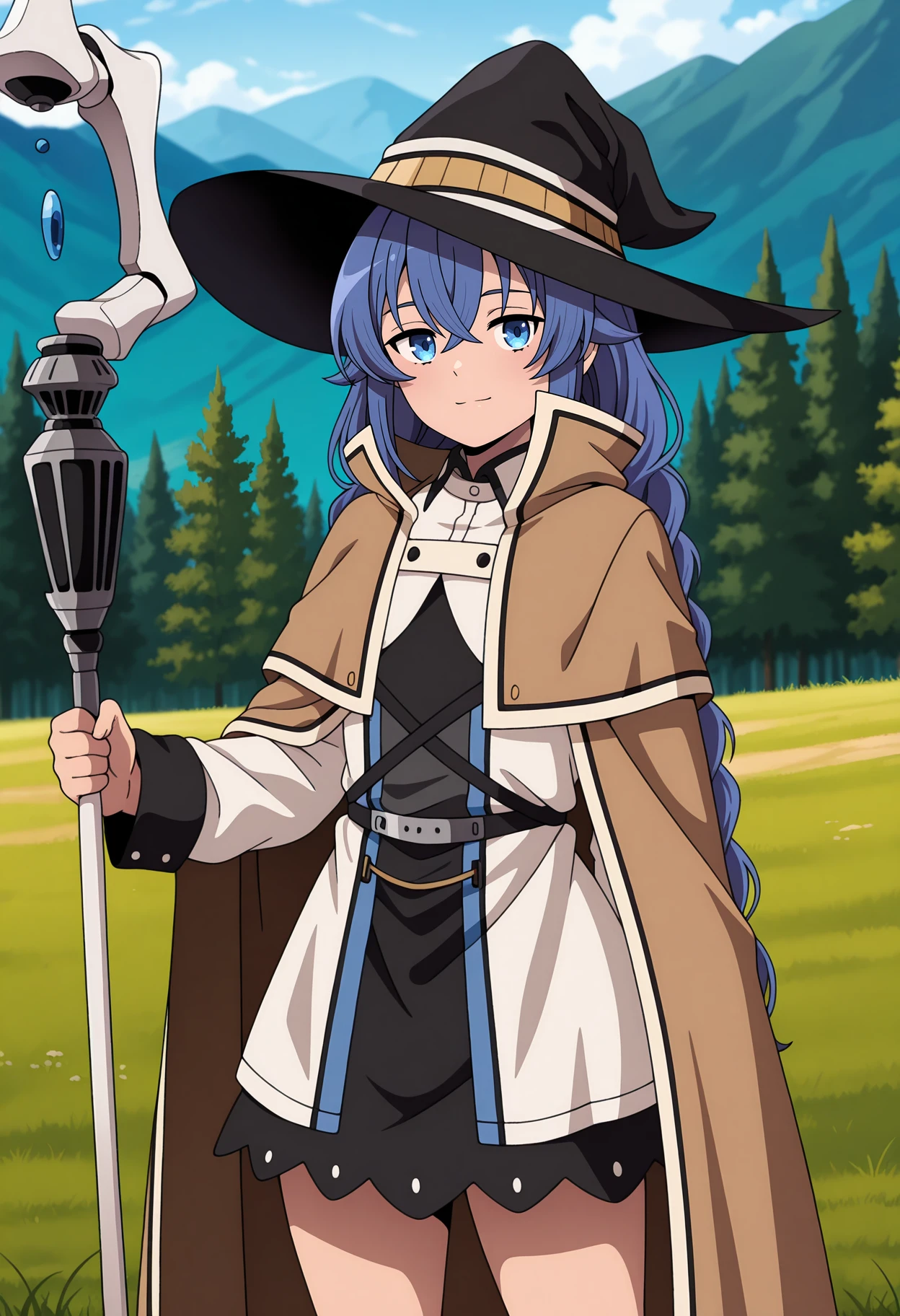 anime screencap, masterpiece, best quality,
<lora:MushokuTensei_RoxyMigurdia_IlluXL:0.9>,
1girl, solo, closed mouth, light smile,
long hair, crossed bangs, twin braids, blue hair, long hair, blue eyes,
RoxyDress, black witch hat, brown cape, layered dress, cross-laced clothes, long sleeves, medium skirt, black skirt,
holding staff,
standing, looking at viewer, cowboy shot, thighs,
forest, mountainous horizon, grass, nature, day