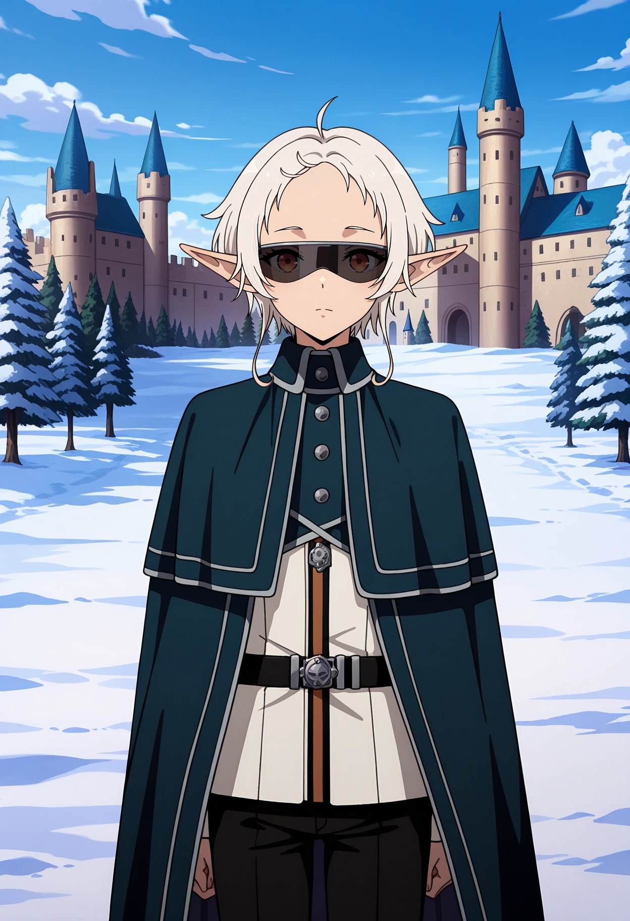 anime screencap, masterpiece, best quality,
<lora:MushokuTensei_Sylphy_IlluXL:0.9>,
1girl, closed mouth, expressionless,
white hair, short hair, ahoge, forehead, orange eyes, pointy ears, tinted eyewear,
SylphietteSchool, dark blue cape, white jacket, black belt, black pants,
standing, looking at viewer, cowboy shot,
outdoors, winter, snow, tree, fantasy, castle, window