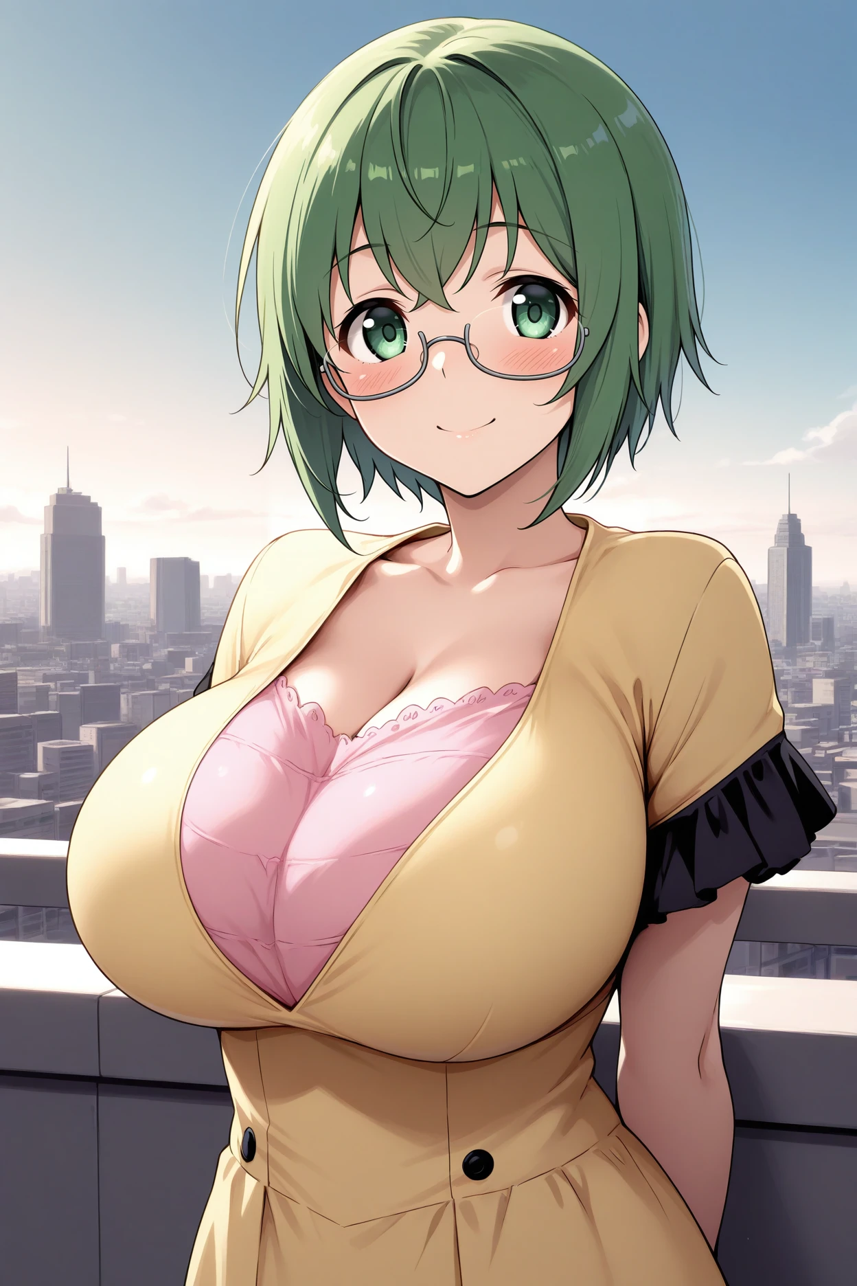 masterpiece, best quality, 1girl, solo, <lora:yamadamaya-illu-nvwls-v1-000006:1> ism4ya, green hair, short hair, green eyes, huge breasts, glasses, under-rim eyewear, yellow dress, pink undershirt, short sleeves, black frills, smile, blue sky, city, blush, looking at viewer, arms behind back, upper body, cowboy shot