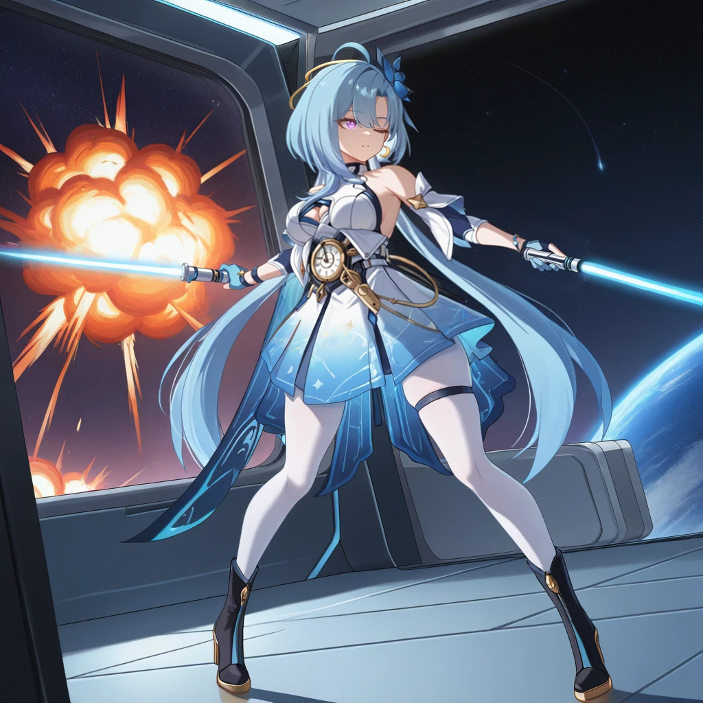 masterpiece, best quality, ultra-detailed, very aesthetic, detailed background, year 2023, very aesthetic, newest, scenery, highres, 4k, absurdres, 8k, colorful,vibrant, glowing, perfect face, 2d, perfect eyes, detailed eyes, 1girl, solo, futuristic background, facility, laboratory, vials, computer, metallic walls, wires, loose wires, indoors, flying lasers, holding lightsaber, blue lightsaber, deflecting lasers, blasters, corridor, window, space ship, galaxy, (explosion)++, planet, starry sky, one eye closed, fighting stance, from side, full body, foreshortening, black footwear, high heel boots, single bend knee, serious, gritting teeth, parted lips, looking ahead, in motion, dynamic pose,
blue hair, purple eyes, ahoge, slender legs, thin legs, GrisHi3, Fol003, Grs_Cos, sleeveless dress, clock, underbust, corset, white corset, clothing cutout, alternative white dress, white halterneck, cleavage cutout, alt pleated skirt, dark blue trim, bra peek, gradient skirt, light blue skirt, hair flower, alternate white skirt, loose belt, crescent earrings, single earring, hair ornament, white pantyhose, light blue gloves, partially fingerless gloves, bare shoulders, low twintails, alt detached sleeves, long sleeves, alternate white sleeves, sleeves past elbows, criss-cross bracelets, short over long sleeves, alt jewelry, dark blue thigh strap, very aesthetic, newest, scenery, absurdres, perfect anatomy, perfect legs, perfect face, perfect eyes, clear eyes, beautiful eyes,