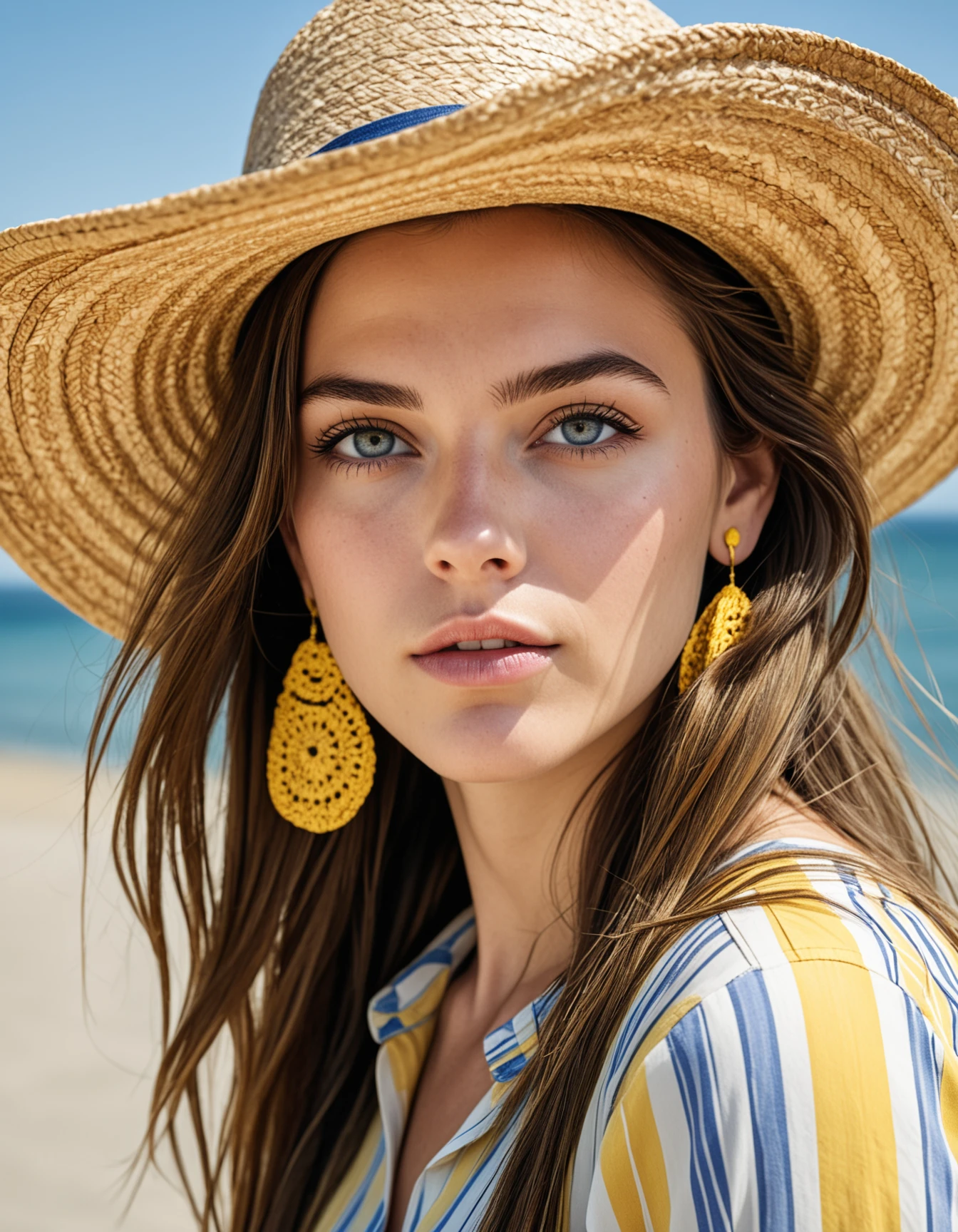 extremely detailed face, skin, hair, and eyes, photograph, summer seascape, woman is wearing a large straw hat. She has long brown hair and is wearing large yellow earrings. There is a striped shirt under the hat. The woman has blue eyes and is looking off to the side. High Shutter Speed, Canon RF, F/8, by Thomas Saliot