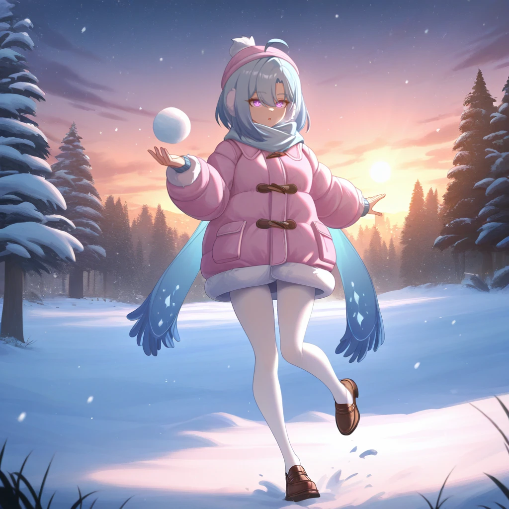 masterpiece, best quality, ultra-detailed, very aesthetic, detailed background, year 2023, very aesthetic, newest, scenery, highres, 4k, absurdres, 8k, colorful,vibrant, glowing, perfect face, 2d, perfect eyes, detailed eyes, 1girl, solo, detailed background, evening, sun, sky, clouds, snowing, snow, trees covered by snow, park, city, throwing snowball, flying snowball, :o, excited, in motion, dynamic pose, looking at viewer, standing on one leg, brown loafers, full body, foreshortening, leaning,
blue hair, purple eyes, ahoge, slender legs, thin legs, GrisHi3, Fol002, Grs_Wnt, 1girl, light blue scarf, winter clothes, winter coat, puffy coat, pink coat, ear muffs, pink headwear, pom pom beanie, white pantyhose, very aesthetic, newest, scenery, absurdres, perfect anatomy, perfect legs, perfect face, perfect eyes, clear eyes, beautiful eyes,