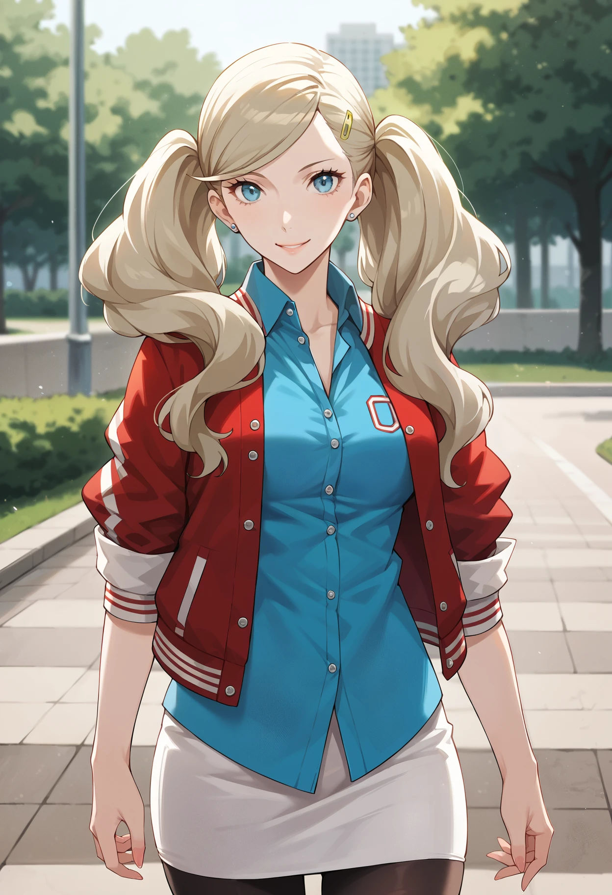 score_9, score_8_up, score_7_up, score_6_up, score_5_up, score_4_up, source_anime
1 girl, solo,
p5ann, takamaki anne, blonde hair, long hair, twintails, swept bangs, hair clip,
p5ann-wincas, letterman jacket, red jacket, white sleeves, layered clothes, dress shirt, blue shirt, pencil skirt, white skirt, black pantyhose,
outside, park, standing, smile, looking at viewer, cowboy shot,
masterpiece, best quality, ultra detailed,