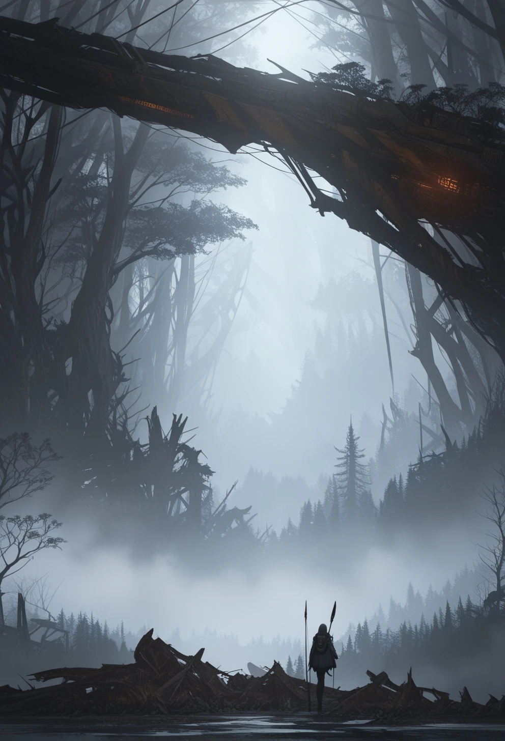 <lora:ck-Sommo-Concept-Art-IL-000012:1>, masterpiece, best quality, good quality, very aesthetic, absurdres, newest, 8K, depth of field, focused subject, 1girl, hunting, forest, tree, ruins, fog, science fiction,
in the style of ckjs