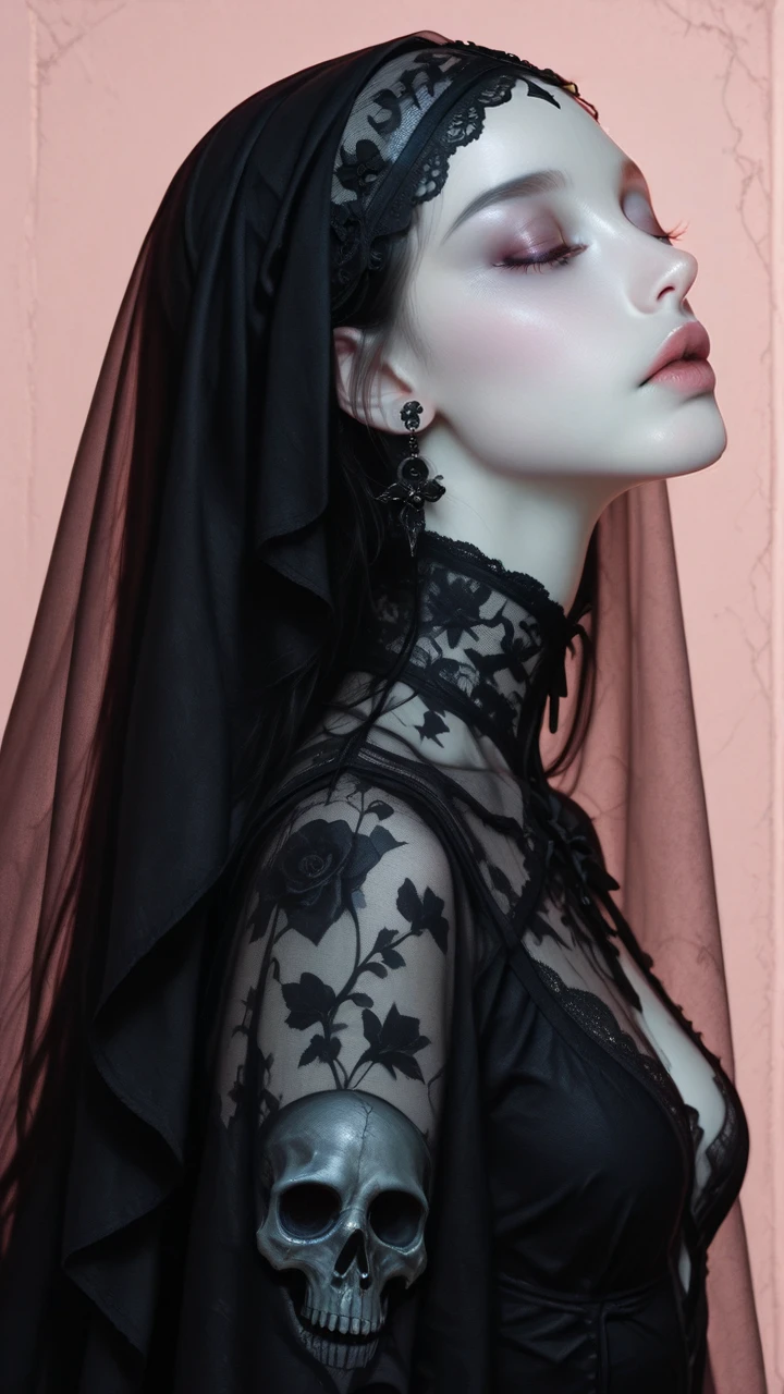 A photograph of a woman with pale skin and closed eyes, wearing a detailed white lace veil and a black skull mask that covers half her face. Her lips are painted a muted pink. The background is dark, making her delicate, ethereal appearance stand out. The image has a gothic, surreal style, blending beauty and death. The texture of the lace and the smoothness of the mask contrast sharply.