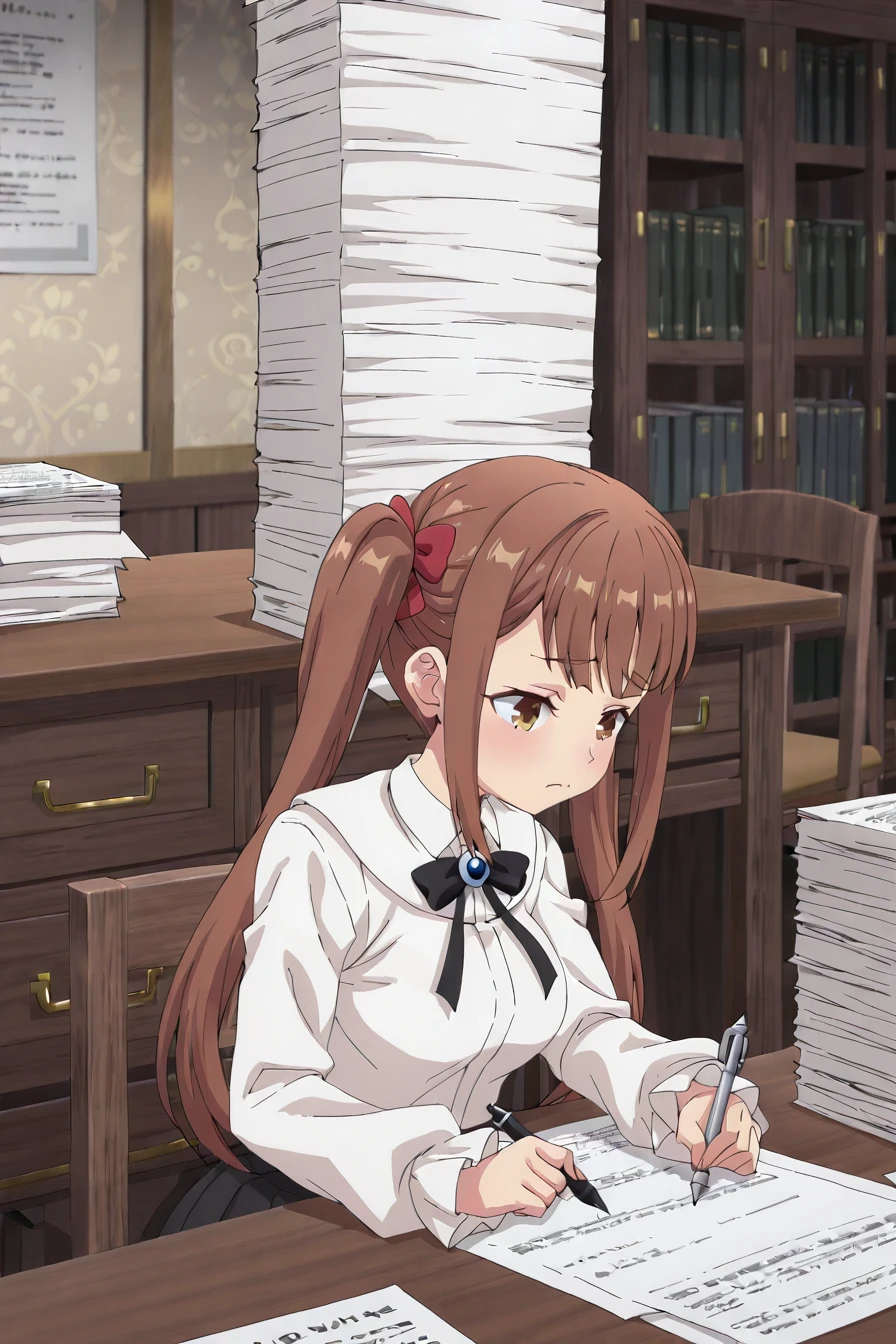 detailed background, shiny skin, posing,
<lora:guilmas.il:1>,
guilmas,
laila,
clothed girl,
desk, holding pen, paper, working, huge paper stack, tired, sit, chair,