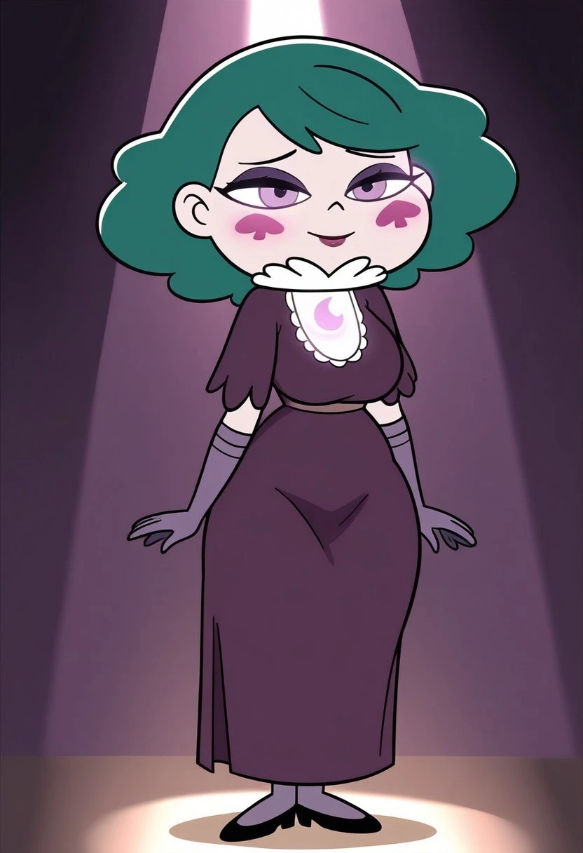masterpiece:1.5), (best quality:1.5), (amazing quality:1.4), (soft lighting:1.3), (detailed shading:1.3), (bold outlines:1.3), (warm glow:1.3), atmospheric lighting, 1girl, solo, Eclipsa, green hair, short hair, purple eyes, makeup, purple eye shadow, gloves, dark purple dress, lipstick, face markings, facing viewer, breasts, thick, full body,