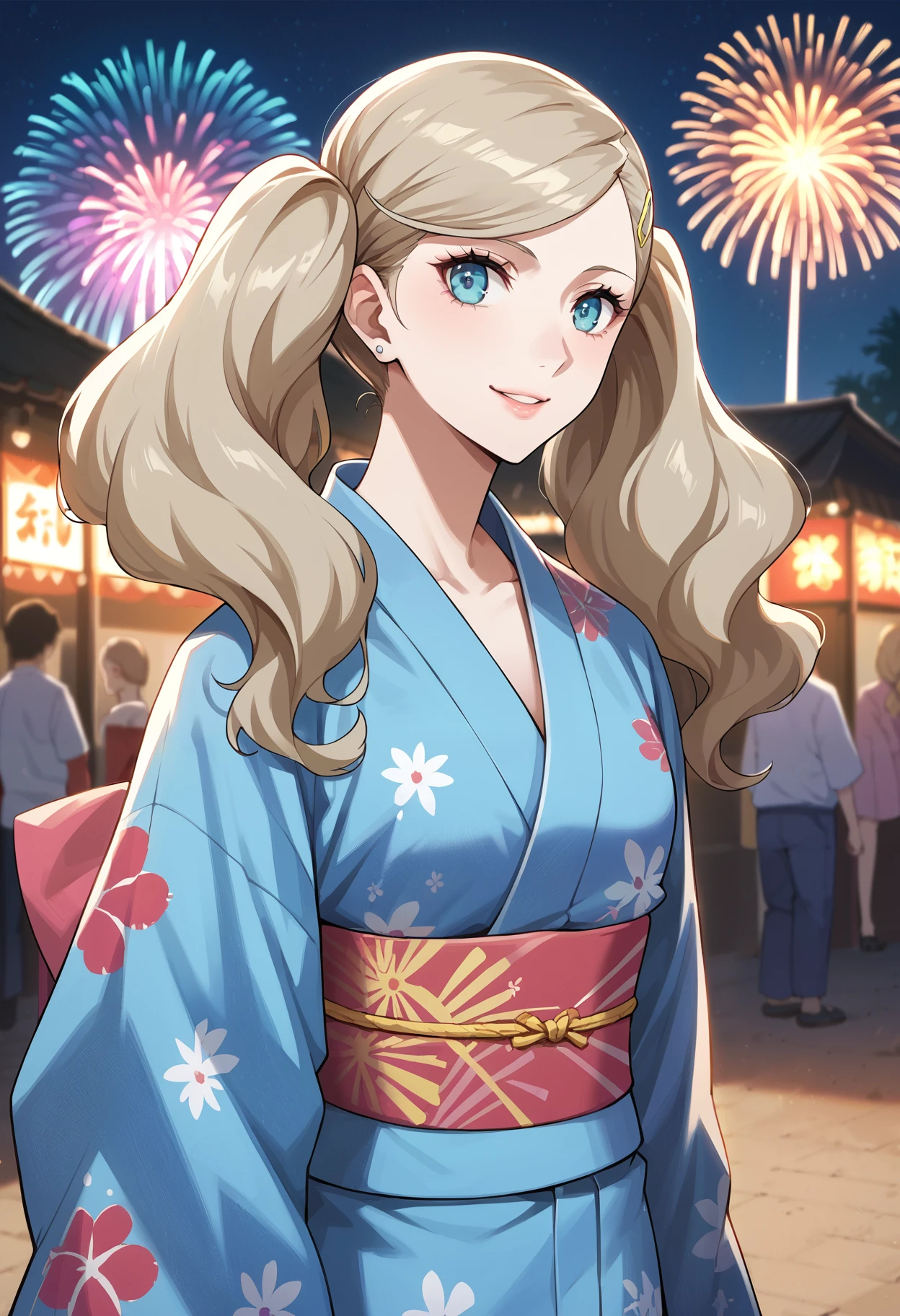 score_9, score_8_up, score_7_up, score_6_up, score_5_up, score_4_up, source_anime
1 girl, solo,
p5ann, takamaki anne, blonde hair, long hair, twintails, swept bangs, hair clip,
p5ann-yukata, yukata, blue yukata, japanese clothes, sash, pink sash, 
outside, nighttime, fireworks, festival, happy, smile,
masterpiece, best quality, ultra detailed,