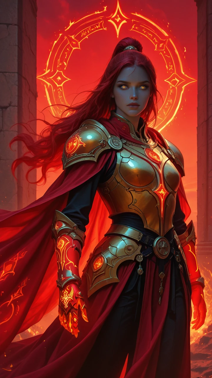 cowboy shot, A female celestial warrior clad in radiant golden armor, flowing ethereal cape, glowing runes etched into the gauntlets, standing on a battlefield under a burning crimson sky, highly detailed, dramatic lighting, fantasy realism, concept art.