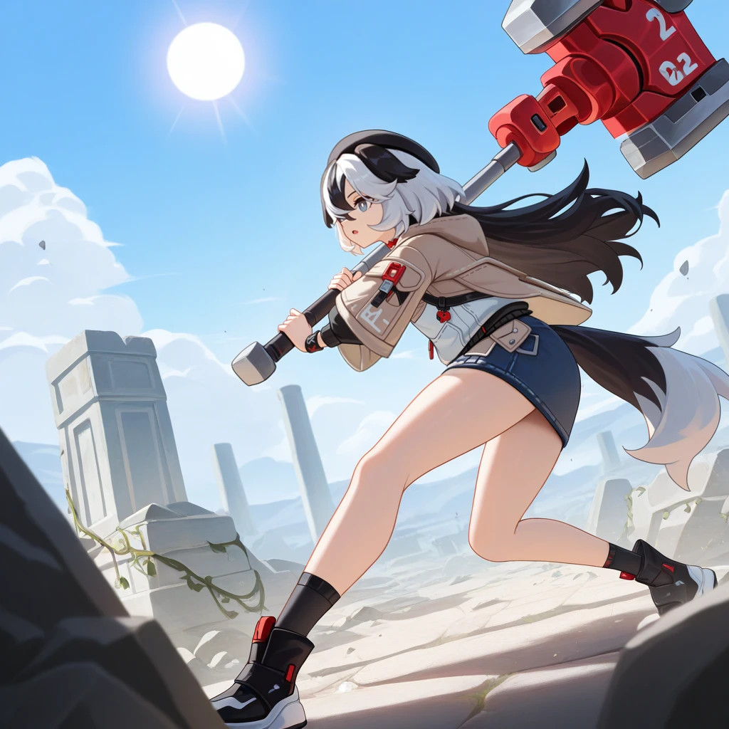 masterpiece, best quality, ultra-detailed, very aesthetic, detailed background, year 2023, very aesthetic, newest, scenery, highres, 4k, absurdres, 8k, colorful,vibrant, glowing, perfect face, 2d, perfect eyes, detailed eyes, 1girl, solo, riding on bicycle, ground vehicle, looking ahead, in motion, pier, ocean, beach, wooden railing, road, street lamp, villa, summer, detailed background, day, sun, sky, clouds, palm trees,
focused, parted lips, helmet, windy, breeze, from side, grey eyes, walking, full body, foreshortening, black socks, two-tone boots, CoralieHi3, Fol002, Cor_Anm, long hair, two-tone hair, black hair, white hair, dog ears, animal ears, dog tail, blue shirt, tank top, breast pocket, overalls, black belt, yellow overalls, overall shorts, orange choker, sleeveless shirt,
masterpiece, best quality, ultra-detailed, very aesthetic, newest, scenery, absurdres, perfect anatomy, perfect legs, perfect face, perfect eyes, clear eyes, beautiful eyes,