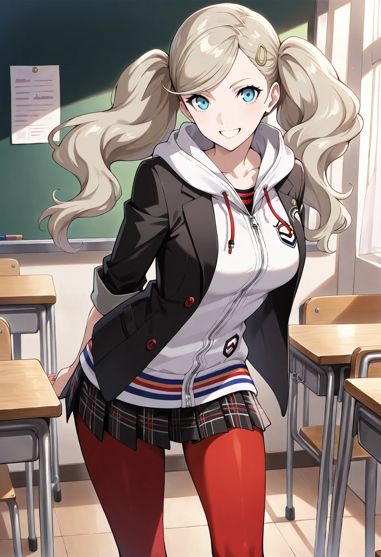 (masterpiece, best quality, hyper-detailed :1.3),
1 girl, solo,
p5ann, takamaki anne, blonde hair, long hair, twintails, swept bangs, hair clip,
p5ann-winuni, blazer, black blazer, school emblem, layered clothes, jacket, open jacket, hood, pantyhose, red pantyhose, miniskirt, plaid skirt, hoodie, hood, hood down, shuujin academy school uniform, sleeves rolled up
classroom, standing, smile, teeth, looking at viewer, hands behind back, grin,
masterpiece, best quality, ultra detailed,