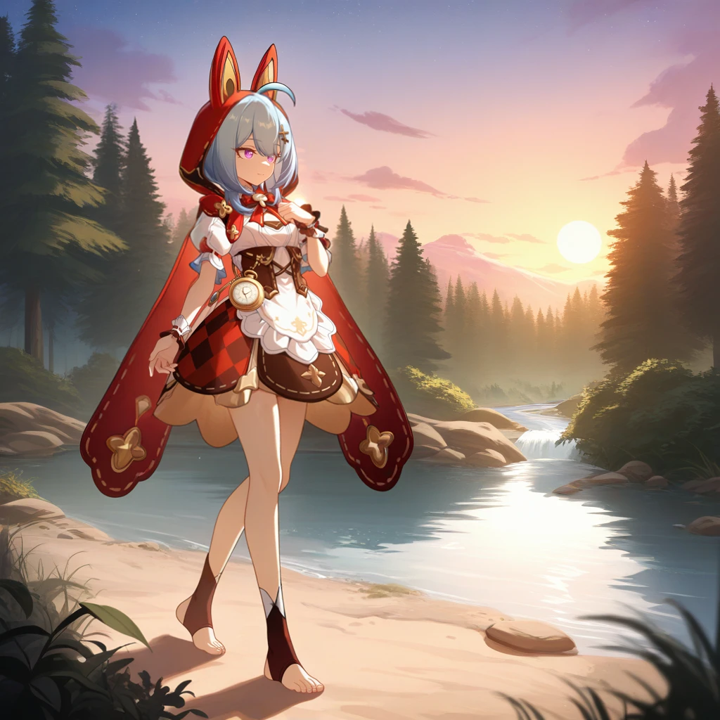 masterpiece, best quality, ultra-detailed, very aesthetic, detailed background, year 2023, very aesthetic, newest, scenery, highres, 4k, absurdres, 8k, colorful,vibrant, glowing, perfect face, 2d, perfect eyes, detailed eyes, 1girl, solo, trees, forest, river, river bank, pebbles, rocks, bushes, flowers, outdoors, detailed background, evening, sun, sky, clouds, walking, full body, from front, looking around, hand on own chest, nervous, closed mouth, foreshortening,
blue hair, purple eyes, ahoge, slender legs, thin legs, GrisHi3, Fol001, Grs_Rdh, cross-laced corset, red cape, toeless footwear, stirrup legwear, animal hood, brown corset, red bowtie, bow ribbon, hooded cloak, pocket watch, animal hood, red hood, red cloak, white apron, waist apron, white blouse, frilled blouse, striped, jewelry, two-tone skirt, red skirt, brown skirt, print skirt, gold trim, puffy short sleeves, alt white sleeves, ribbon-trimmed cuffs, frilled wrist cuffs, hooded cape, checkered pattern, basket, hood up, petite body, small chest, cleavage, black hairclip, very aesthetic, newest, scenery, absurdres, perfect anatomy, perfect legs, perfect face, perfect eyes, clear eyes, beautiful eyes,