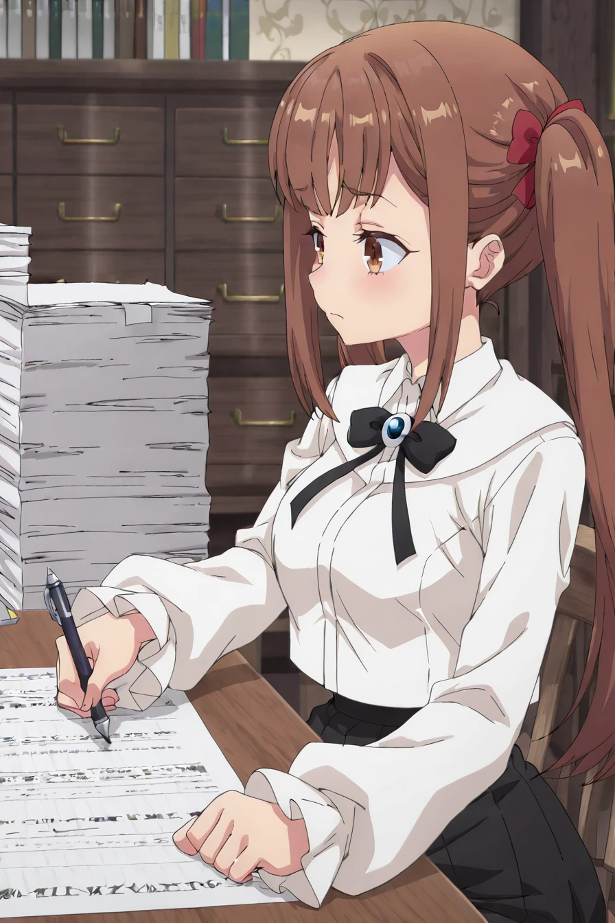 detailed background, shiny skin, posing,
<lora:guilmas.il:1>,
guilmas,
laila, 
clothed girl,
desk, holding pen, paper, working, huge paper stack, tired, sit, chair,