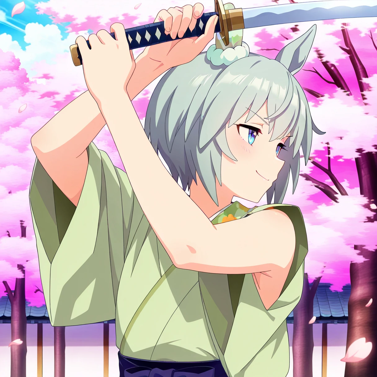 masterpiece, best quality, absurdres, detailed skin, detailed face, detailed eyes, anime colored, anime screencap, anime colored,
1girl, seiun sky \(umamusume\), japanese clothes, bare arms, smug,
<lora:kasumi_no_kamae-000008:1>, ((kasumi fighting stance)), holding sword, holding, sword, two-handed, profile, arms up,
cherry blossoms,