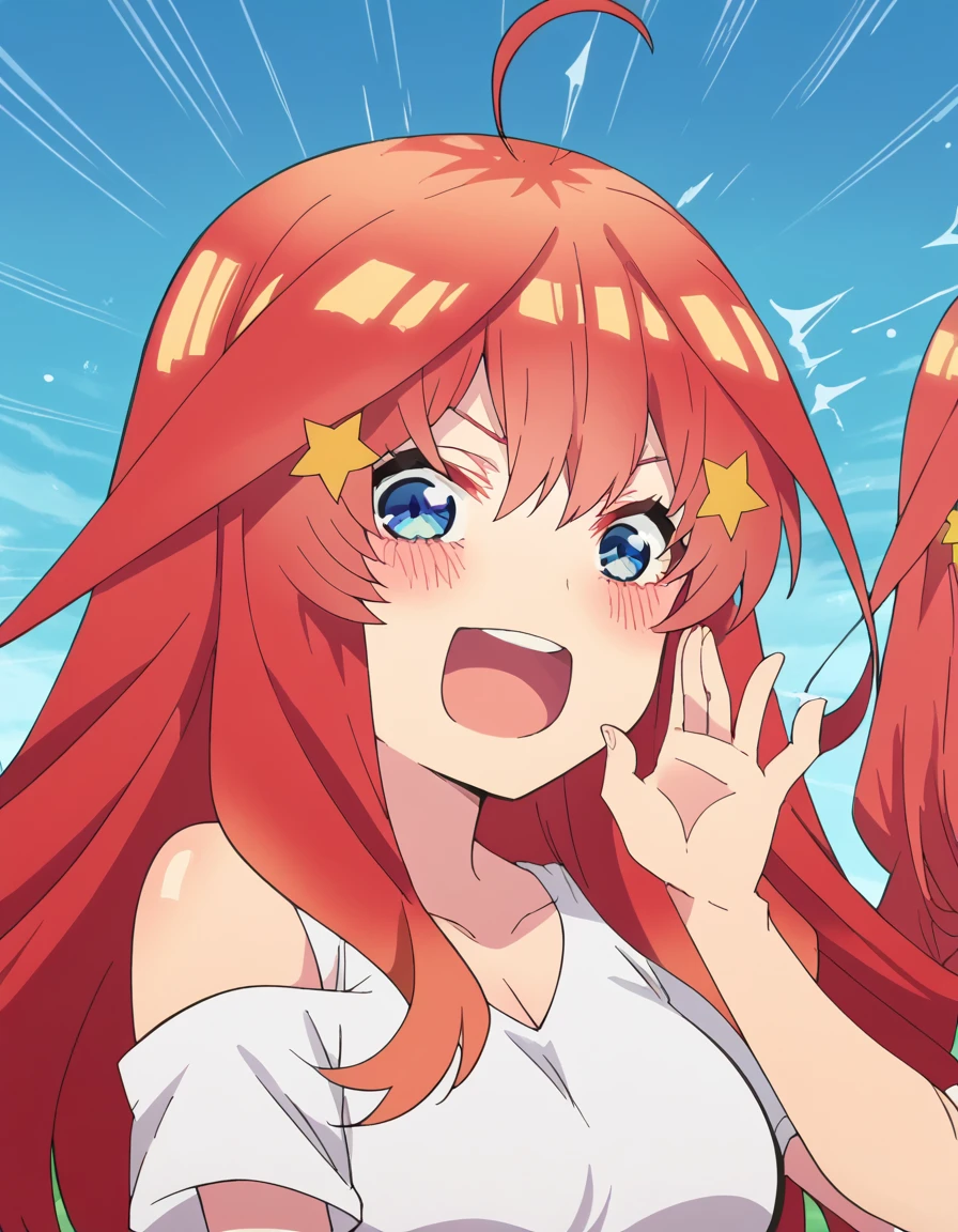 score_9, score_8_up, score_7_up, source_anime, <lora:itsuki-nakano-s2-ponyxl-lora-nochekaiser:1>, itsuki nakano, bangs, long hair, blue eyes, hair between eyes, ahoge, red hair, star (symbol), hair ornament, star hair ornament, large breasts, anime screencap, <lora:shouting-hand-to-own-mouth-ponyxl-lora-nochekaiser:1>, shouting hand to own mouth, shouting, hand to own mouth, looking at viewer, smile, open mouth, blush,, ,