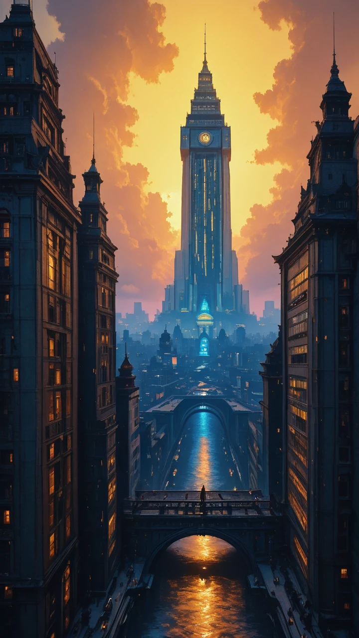 A grand cityscape of a futuristic metropolis, golden sunlight casting long shadows, intricate architecture with towering skyscrapers, painterly brushstrokes, highly detailed, vibrant yet balanced color palette, atmospheric perspective, ArtStation trending.