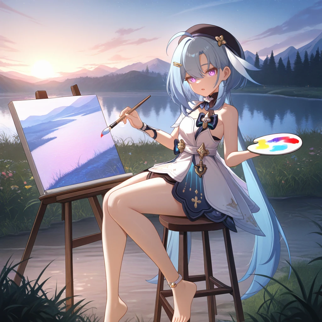 masterpiece, best quality, ultra-detailed, very aesthetic, detailed background, year 2023, very aesthetic, newest, scenery, highres, 4k, absurdres, 8k, colorful,vibrant, glowing, perfect face, 2d, perfect eyes, detailed eyes, 1girl, solo, garden, flowers, bushes, sun, sky, clouds, sitting on wooden stool, canvas object, grass, scenery, picture on canvas, looking at viewer, from side, full body, barefoot, covered in paint, curious, head tilt open mouth, knees together, holding palette (object), holding paintbrush, river, mountains, blue hair, purple eyes, ahoge, GrisHi3, Fol001, Grs_Def, single-shoulder dress, single off shoulder, white dress, black halterneck, gorget, neck ribbon, white hairclip, feather hair ornament, black headwear, beret, low twintails, white sash, dark blue bow, skirt, white skirt, black underskirt, white anklet, white wrist guard, half capelet, beret, petite body, small chest, cleavage, single wrist guard, white hairclip, very aesthetic, newest, scenery, absurdres, perfect anatomy, perfect legs, perfect face, perfect eyes, clear eyes, beautiful eyes,