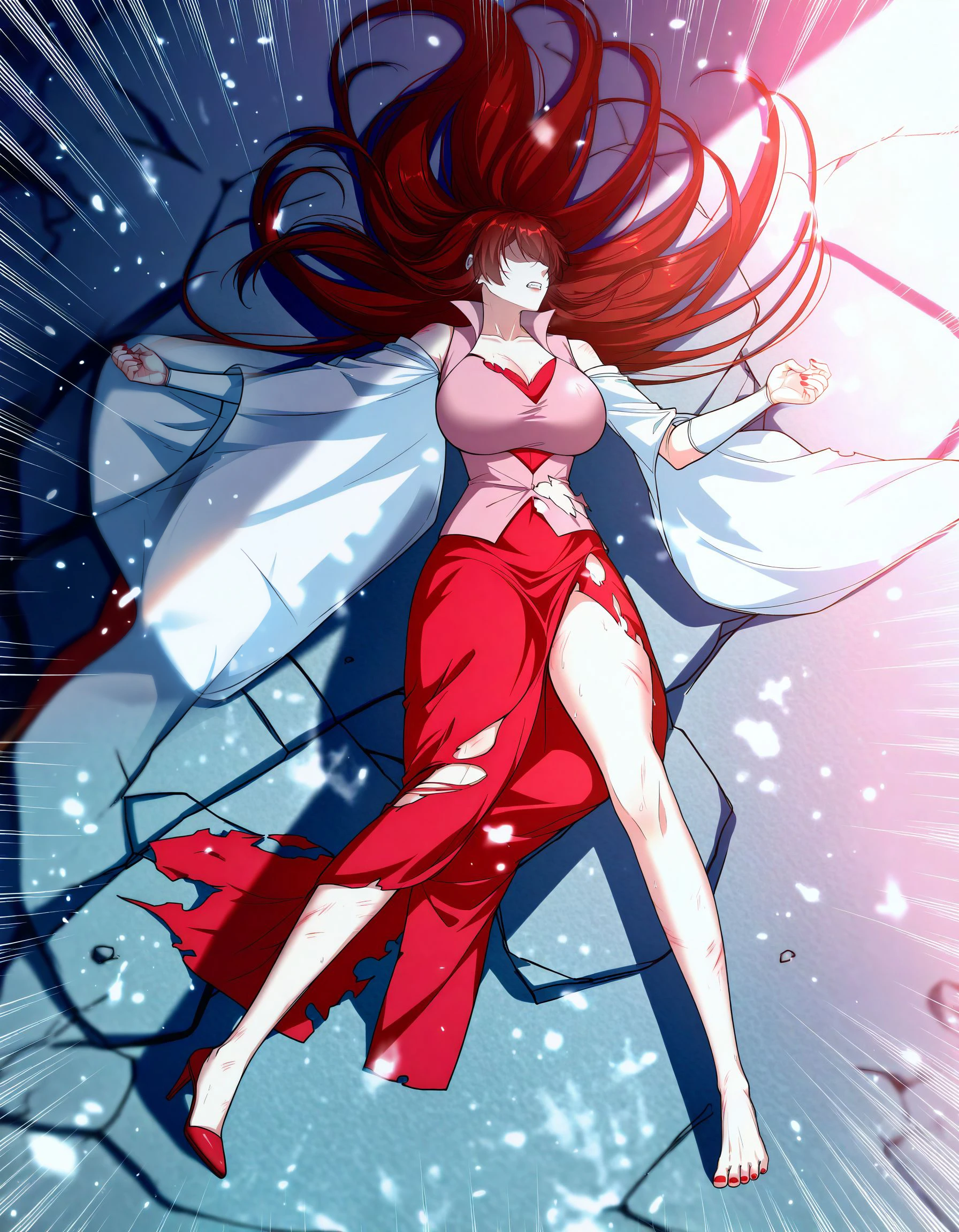 masterpiece,best quality,newest,absurdres,highres,(((2021-2024))),cinematic shot,dynamic pose,thick coating,soft hue,ambient colors,soft lighting,ethereal atmosphere,smooth detailed textures,soft shadow,<lora:nyaliaXLNB11lokrV531:0.3>,
((panghui)), <lora:Pang_Hui_V1:0.85>,
fullbody,dead on ground,lying on back,defeated,facing to the side, cowboy shot, provocative pose, outstretched legs, powerless limbs,frown,hair over eyes,sweat,sharp red toenail polish,(wiggle lines,wiggle lines around hand,clenched teeth,bruise,small scratches),((((torn clothes,sliced clothes,barefoot)))),
floating hair,on wood and stone debris,((red high heel dropped on ground)),blurry smoke background,
shiny skin,fake round boobs,extremely small waist[curvy,wide shoulder,slim,slender body, slender long leg,skinny limbs],[[[ribs]]]