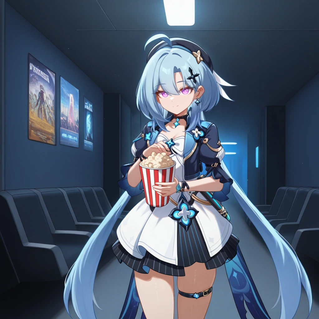 masterpiece, best quality, ultra-detailed, very aesthetic, detailed background, year 2023, very aesthetic, newest, scenery, highres, 4k, absurdres, 8k, colorful,vibrant, glowing, perfect face, 2d, perfect eyes, detailed eyes, 1girl, solo, ceiling light, corridor, movie theatre, cowboy shot, hand on hip, holding popcorn, tv screens, advertisements, posters, confident smile, looking at viewer, blue hair, purple eyes, ahoge, slender legs, thin legs, GrisHi3, Fol002, Grs_Glr, pleated dress, strapless dress, alternate white dress, pendant choker, collared jacket, dark blue jacket, black sleeves, sleeves past elbows, pleated sleeves, layered skirt, cross hair ornament, sleeve garter, alt white skirt, pleated skirt, striped skirt, black skirt, thigh belt, wrist strap, cross hairclip, black headwear, beret, low twintails, puffy sleeves, cropped jacket, petite body, small chest, cleavage, ankle strap, very aesthetic, newest, scenery, absurdres, perfect anatomy, perfect legs, perfect face, perfect eyes, clear eyes, beautiful eyes,